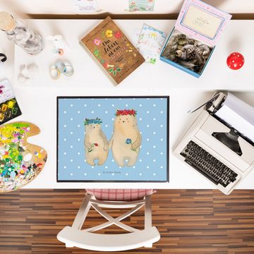 Mr. & Mrs. Panda Schreibtischunterlage Bären mit Blumenkranz - Blau Pastell - Geschenk, Schreibtischauflage, (1 tlg)