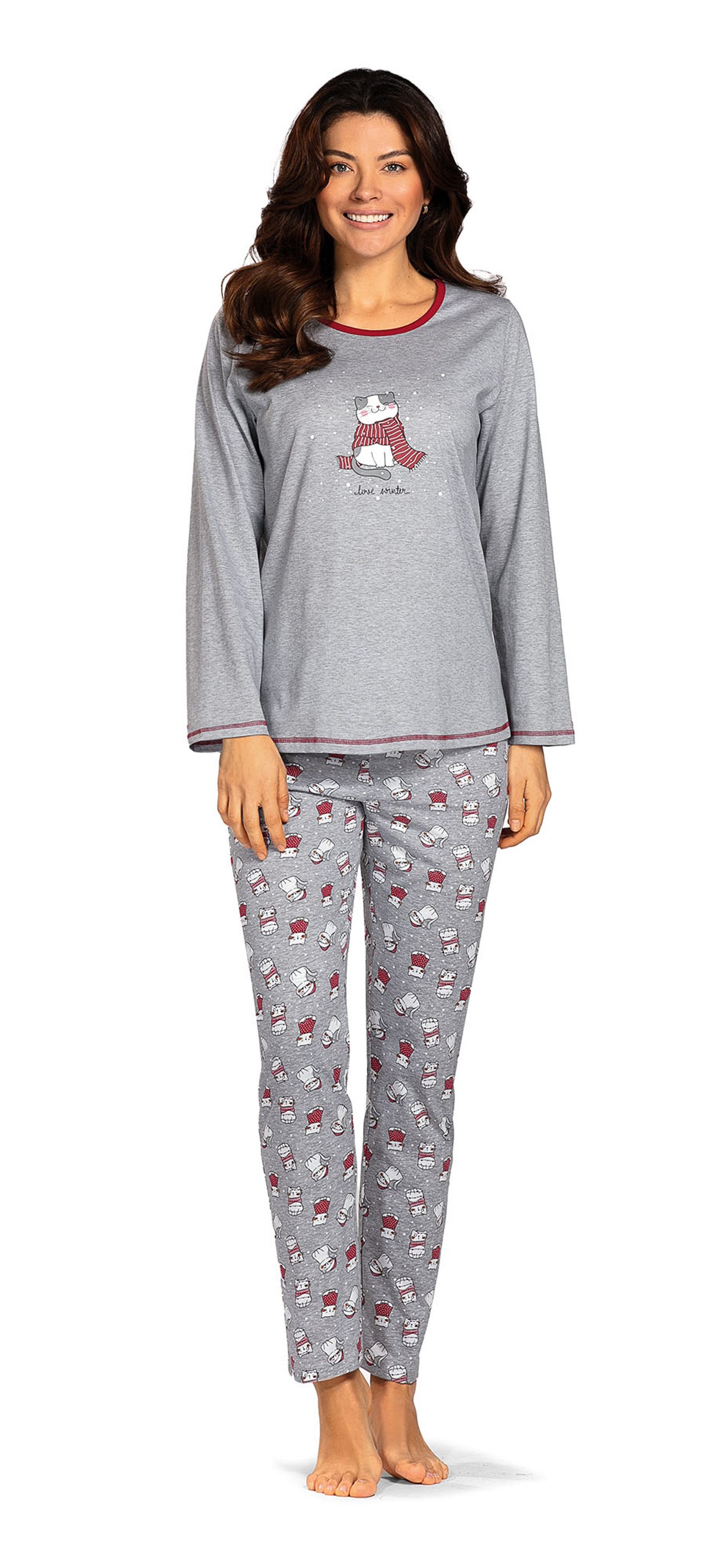 comtessa Schlafanzug Comtessa Damen Schlafanzug Langarm Katzen Grau