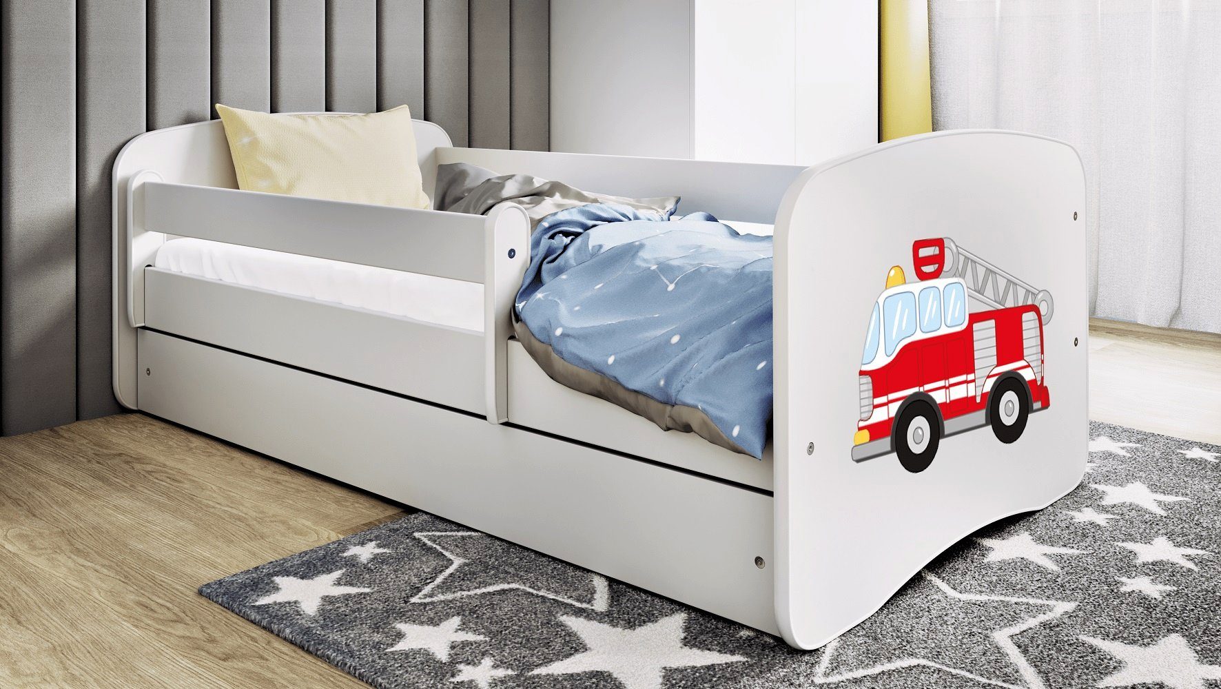 Kids Collective Kinderbett Jugendbett Kinderbett mit Rausfallschutz, Lattenrost & Schublade, 160x80 in weiß Jungen Bett Feuerwehr, Matratze optional