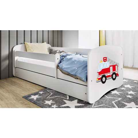 Kids Collective Kinderbett Jugendbett Kinderbett mit Rausfallschutz, Lattenrost & Schublade, 160x80 in weiß Jungen Bett Feuerwehr, Matratze optional