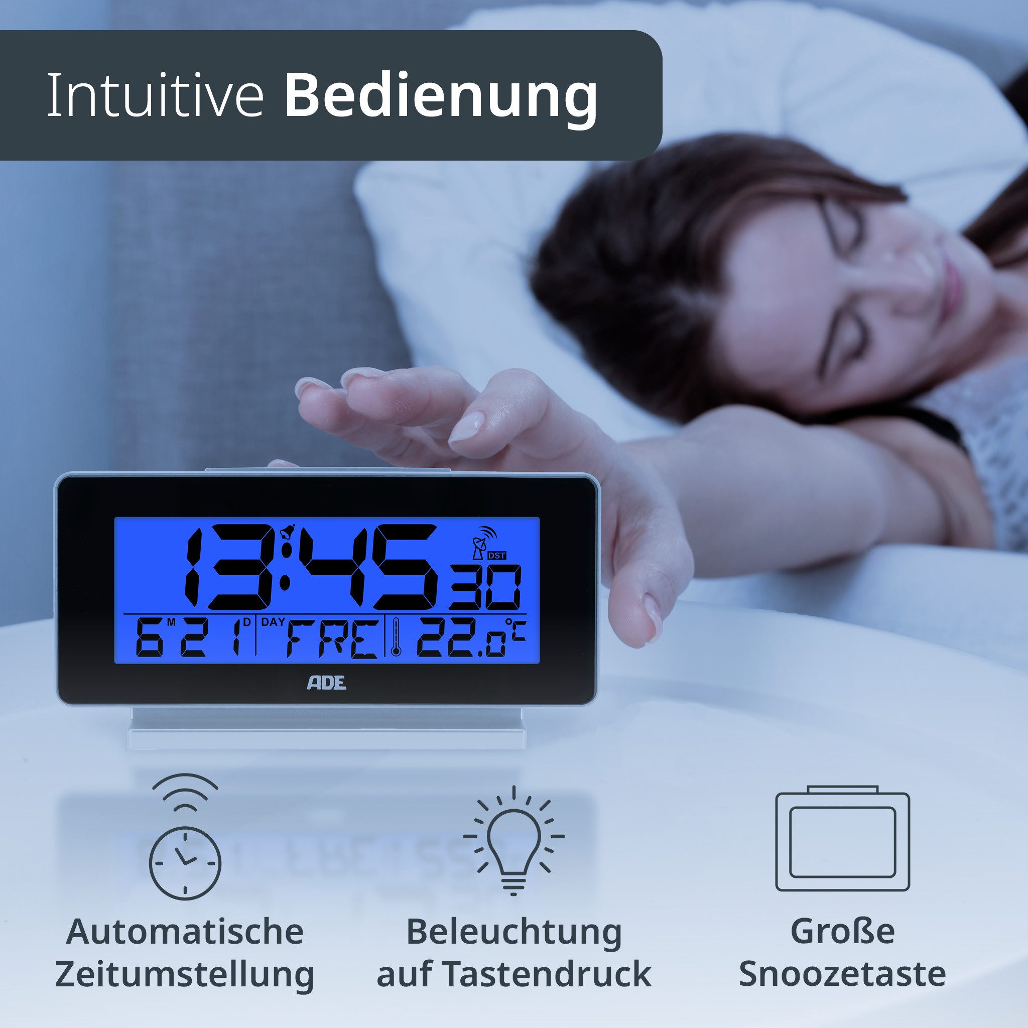 ADE Funktischuhr Digitaler Wecker mit Beleuchtung, ohne Ticken mit Wochentag- und Temperaturanzeige und Weckfunktion, leicht ablesbar – Bild 5 von 5
