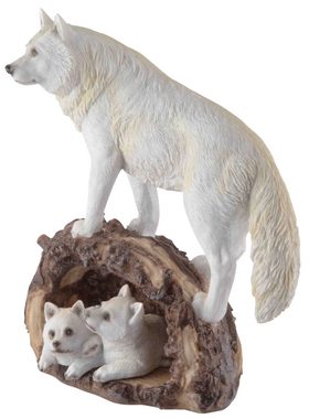Vogler direct Gmbh Tierfigur Schneewolf mit zwei Jungen in einem Baumstamm, Kunststein, handbemalt, coloriert, LxBxH ca. 22x13x26 cm