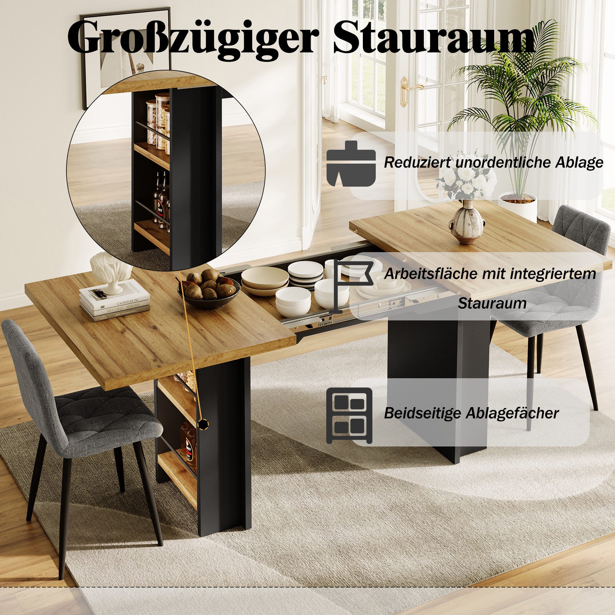 i@home Esstisch Ausziehbarer Esstisch, 120-160 x 80 cm, perfekt für Moderne Esszimmer (1 Tisch), Teleskoptisch (120-160×80cm), Tisch mit Regalen, Küchentisch,Ho – Bild 4 von 5