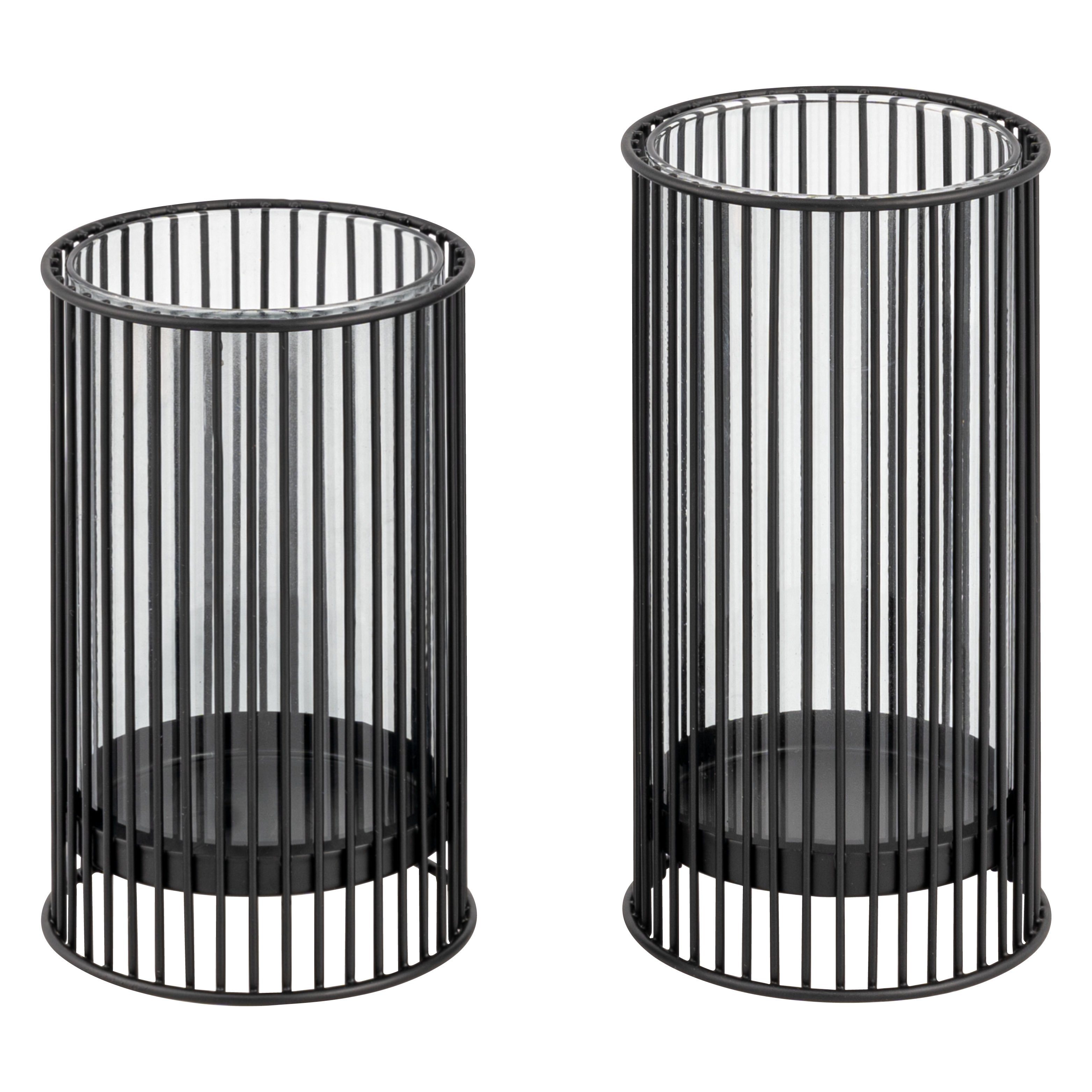 bremermann Kerzenhalter 2er-Set Kerzenhalter mit Glaseinsatz, Windlicht, Metall, schwarz matt