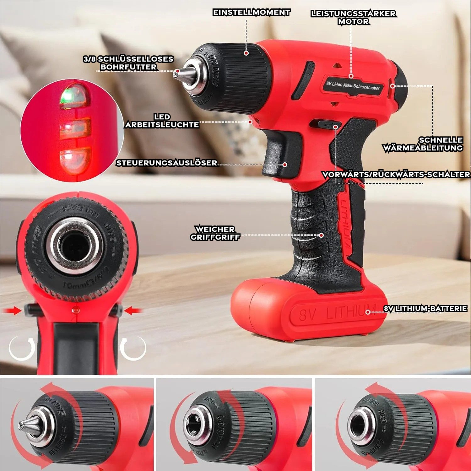 TLGREEN Akku-Bohrschrauber 8V Akkuschrauber Set,Akkubohrer mit 99PCS Werkzeugkoffer, max. 300 U/min, für DIY Reparaturen – Bild 4 von 5
