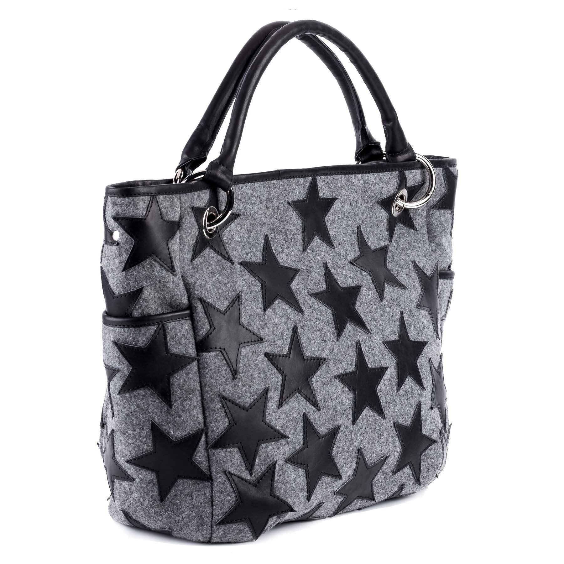 FEYNSINN Umhängetasche echt Leder Handtasche Schultertasche groß STARS, Schultertasche Filz Echtleder für Damen, Shopper schwarz-grau