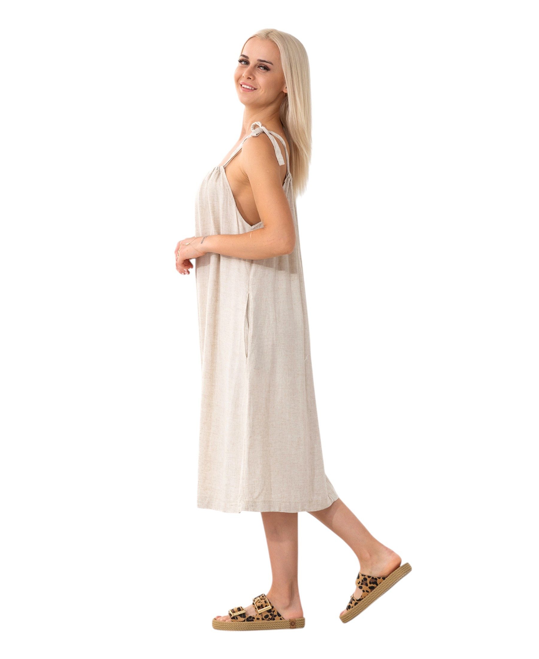 WENOR Sommerkleid aus Leinenmix mit Bindeträgern – luftiges Strandkleid mit Taschen (1-tlg) Bindeträger,seitliche Eingrifftaschen,natürliches Material