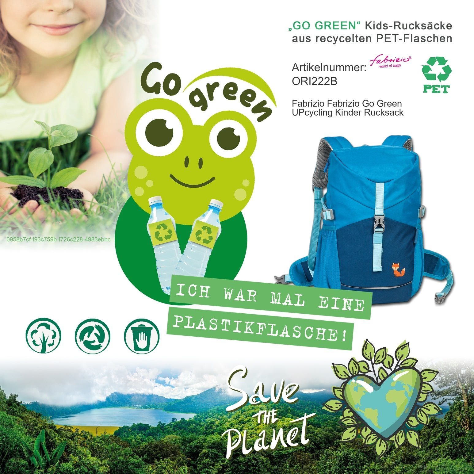 fabrizio® Rucksack Fabrizio Go Green Kinderrucksack, Kinderrucksack Polyester, recycelt, blau, türkis ca. 37cm hoch, Fuchs