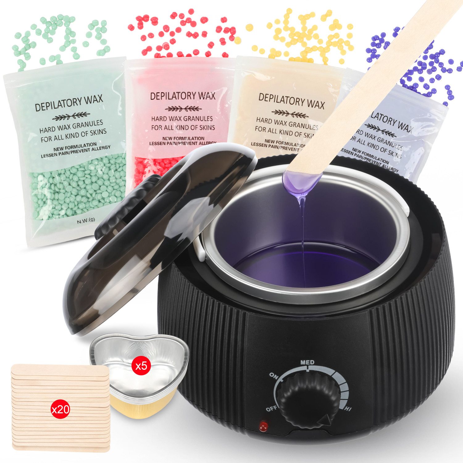 oyajia Enthaarungswachs Wachswärmer Set, Haarentfernung Waxing Kit mit 4X100g Wachsperlen, 20 Holzspateln, 5 x Aluminiumfolienschale, für Gesicht, Bikini, Bein