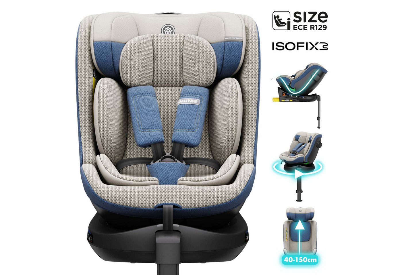 Daliya® Autokindersitz BRAVO i-Size Auto-Kindersitz, 360° drehbar, mitwachsend, atmungsaktiv, ab: ab Geburt, bis: bis 12 Jahre, ab: 40 cm, bis: 150 cm, (Neugeborenen-Set, 4-tlg), 8 Stufen Sitzneigung, verstellbare Kopfstütze, Stützbein, Belüftet