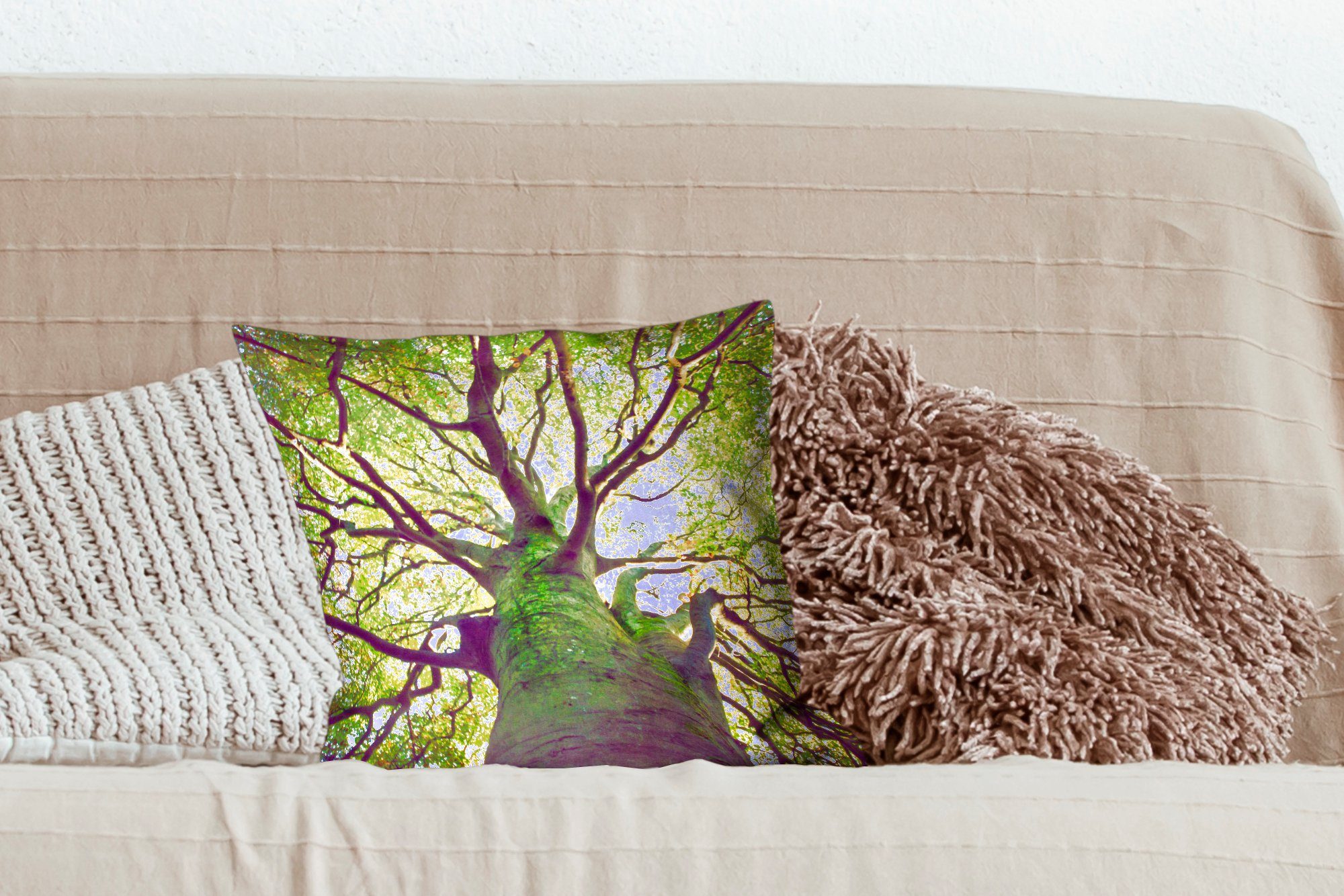 Füllung mit Schlafzimmer, Wohzimmer, Baumes, MuchoWow Zierkissen grünen für eines Deko, Zweige Beruhigende Dekokissen Sofakissen