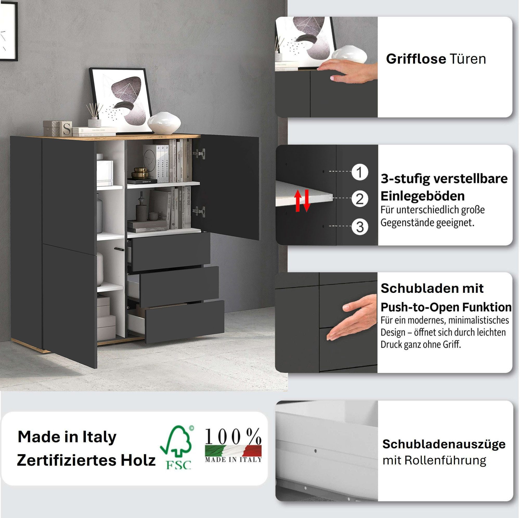 OTTO home Highboard GARDA,Kommode, Made in Italy, Breite 102 cm, Höhe 110 cm, grifflos (1 St), 3 Türen, 3 Schubladen, grifflos Breite 102 cm, anthrazit/eiche matt