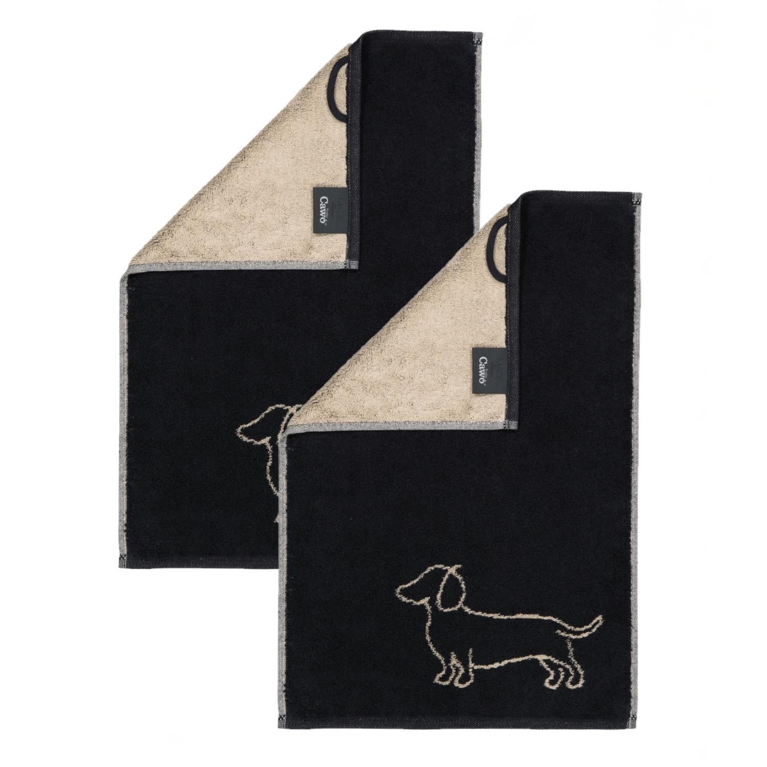Cawö Handtuch 2 Stück Cawö We love Dogs Gästetücher 6248-93 Dackel Schwarz 30x50, Walkfrottier (Spar-Set, 2-St), 100% Baumwolle