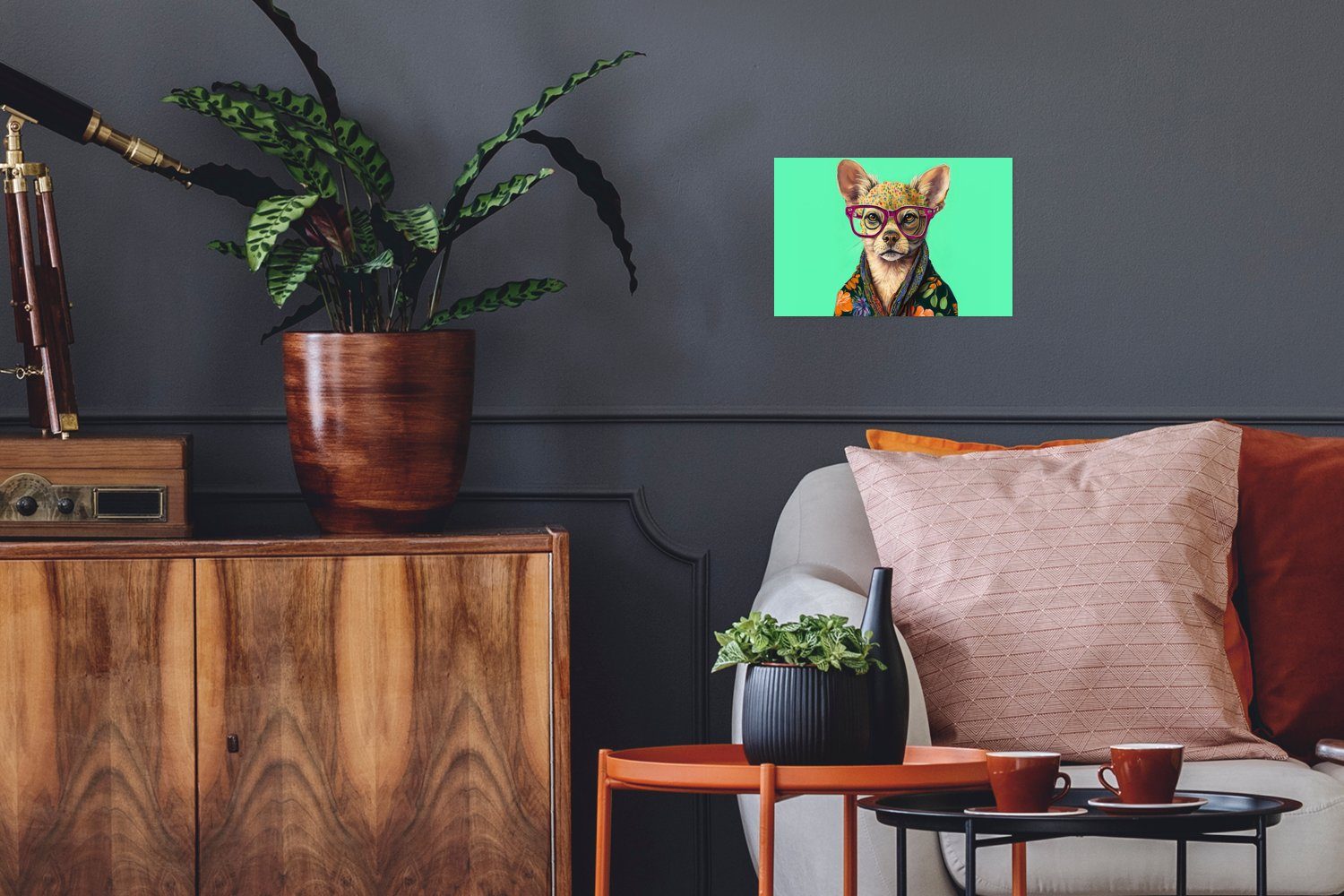 MuchoWow Poster Brille - Tier - Hund - Blumen - Chihuahua, (1 St), Poster, Wandbild, Wandposter für Wohnzimmer, Ohne Rahmen