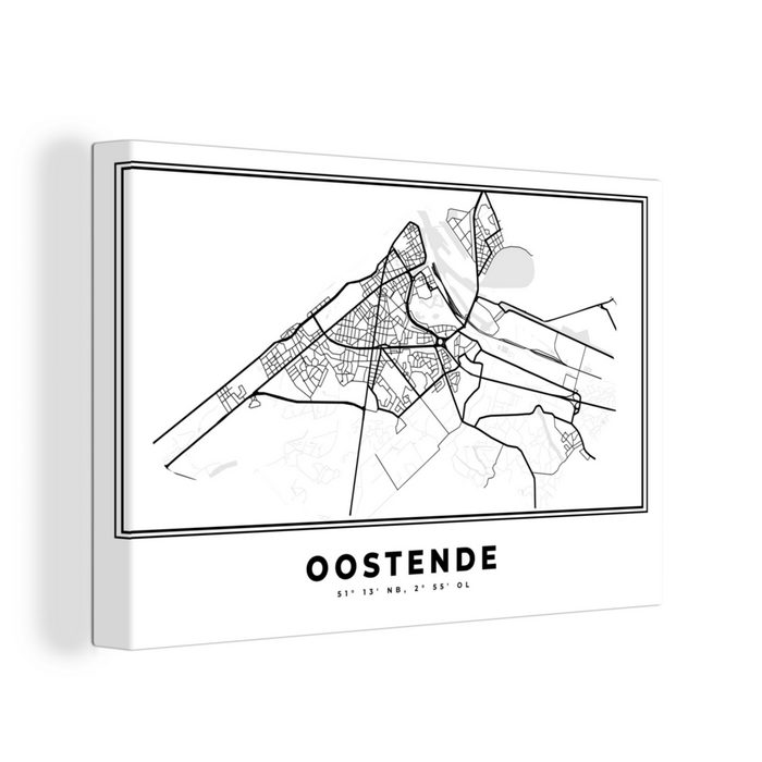 OneMillionCanvasses® Leinwandbild Karte - Ostende - Belgien - Schwarz und weiß - Stadtplan (1 St) Wandbild Leinwandbilder Aufhängefertig Wanddeko