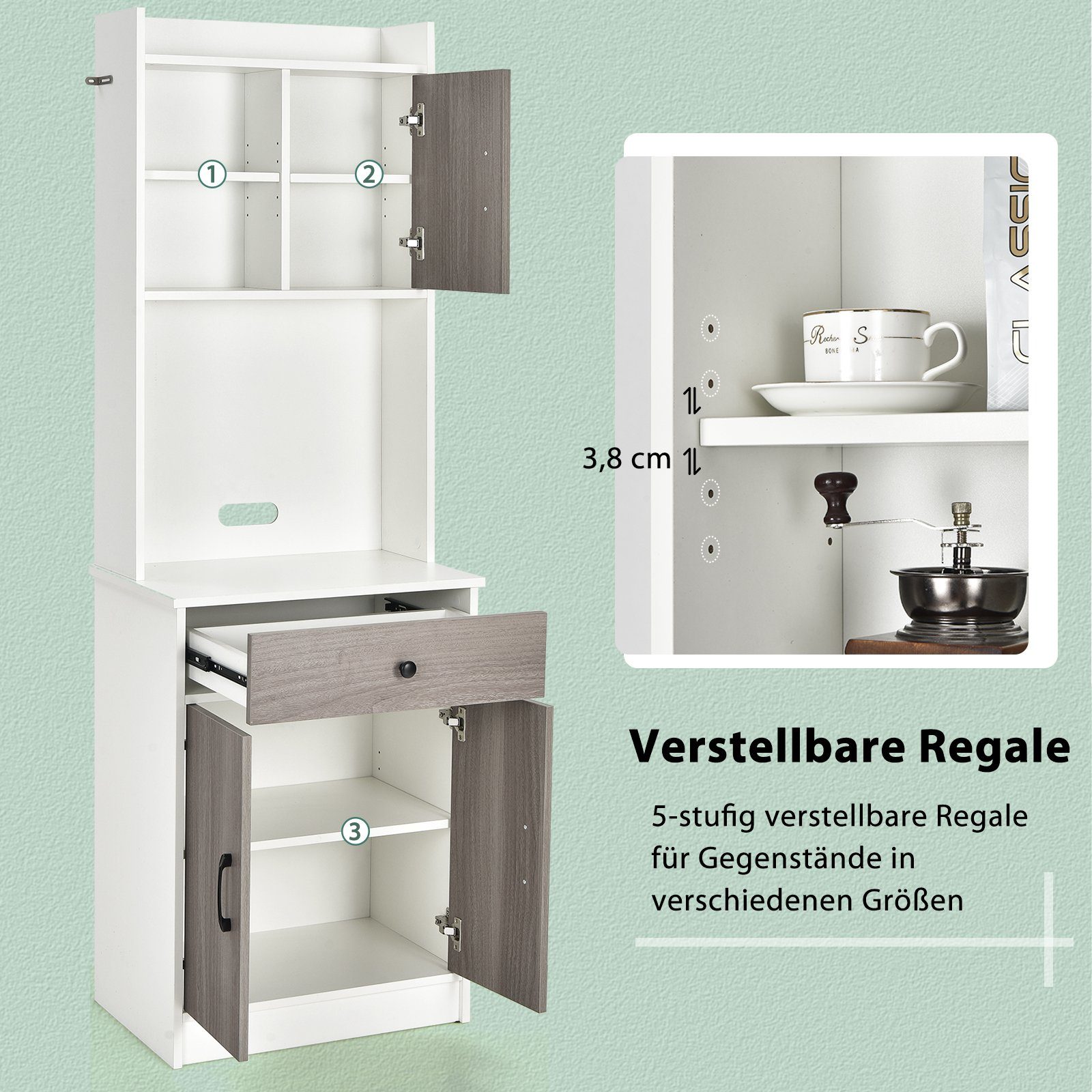 COSTWAY Küchenbuffet Hochschrank mit Schublade & verstellbare Ablagen, 180cm