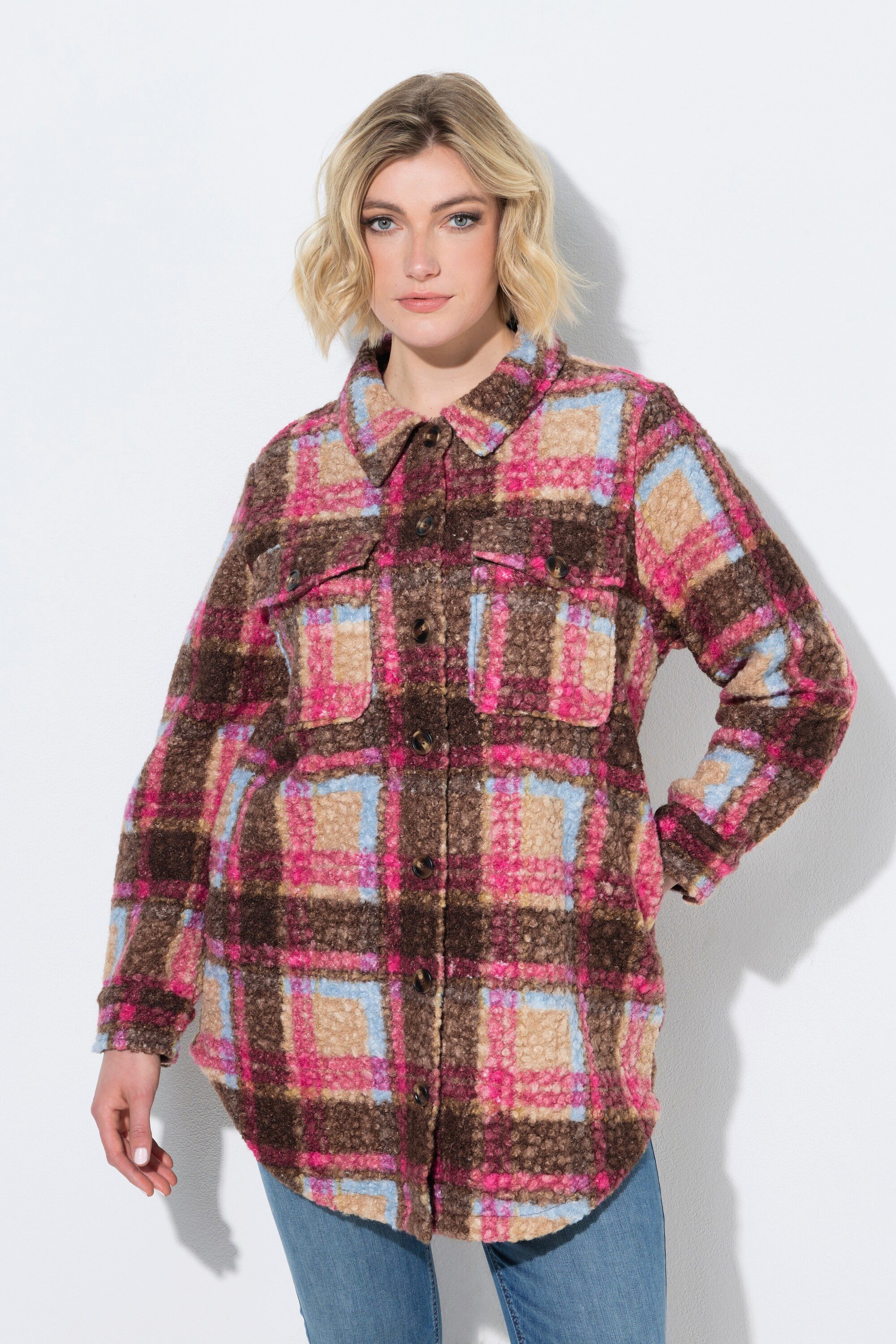 Ulla Popken Sommerjacke Bouclé-Longjacke Karo Hemdkragen Langarm