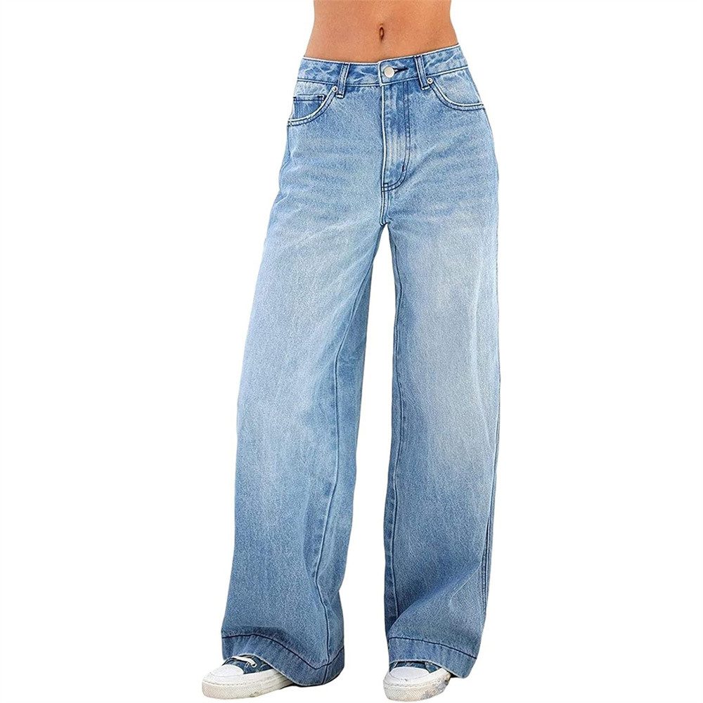 RUZU UG Straight-Jeans Damen Hoher Taille Jeanshosen Wide Leg Schlaghose Baggy Cargo Pants