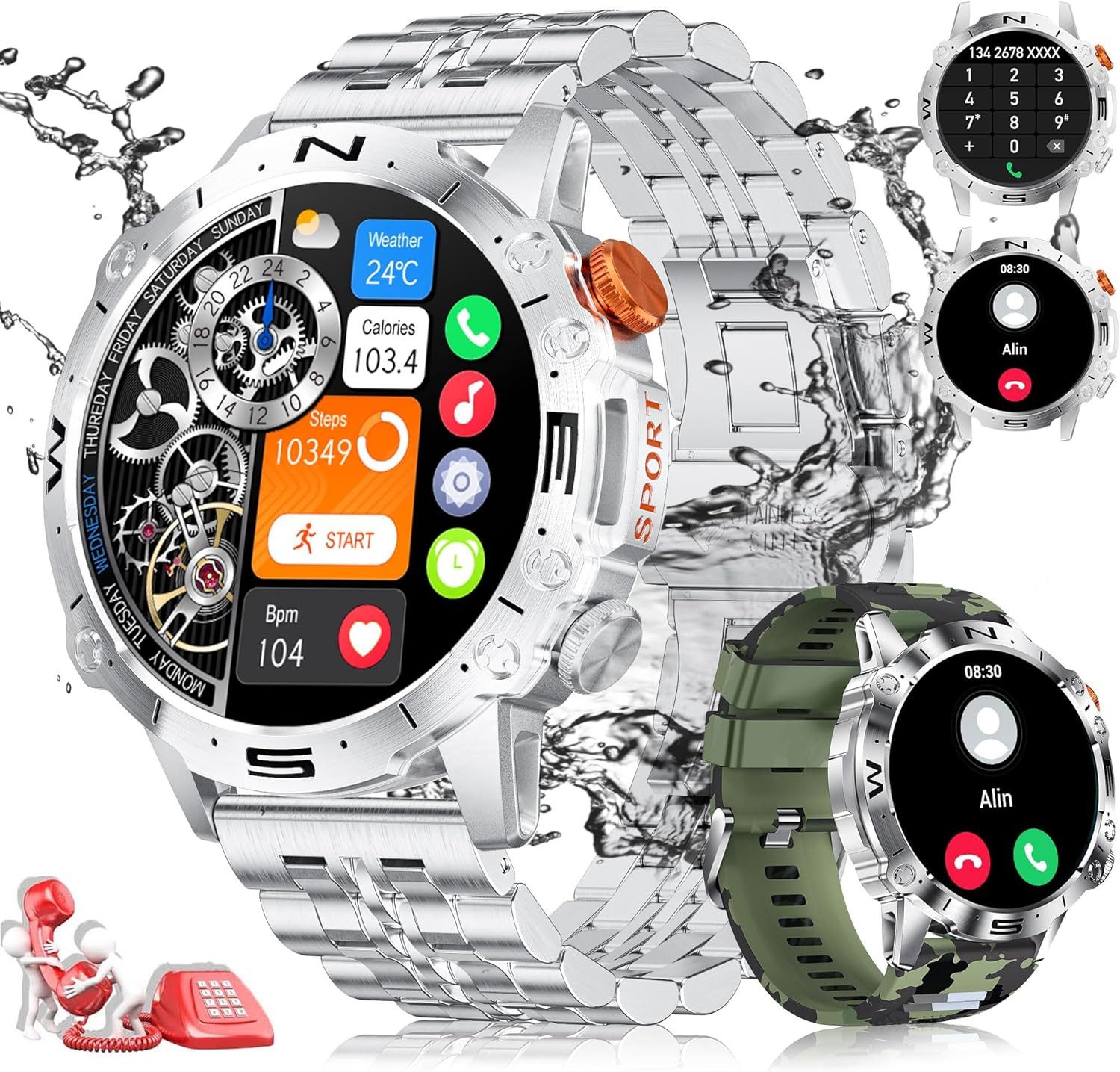 Lige 24-Stunden-Herzfrequenzmessung Smartwatch (1,43 Zoll, Android, iOS), mit Telefonfunktion,5 ATM Wasserdicht 120+ Sportmodi Aktivitätstracker