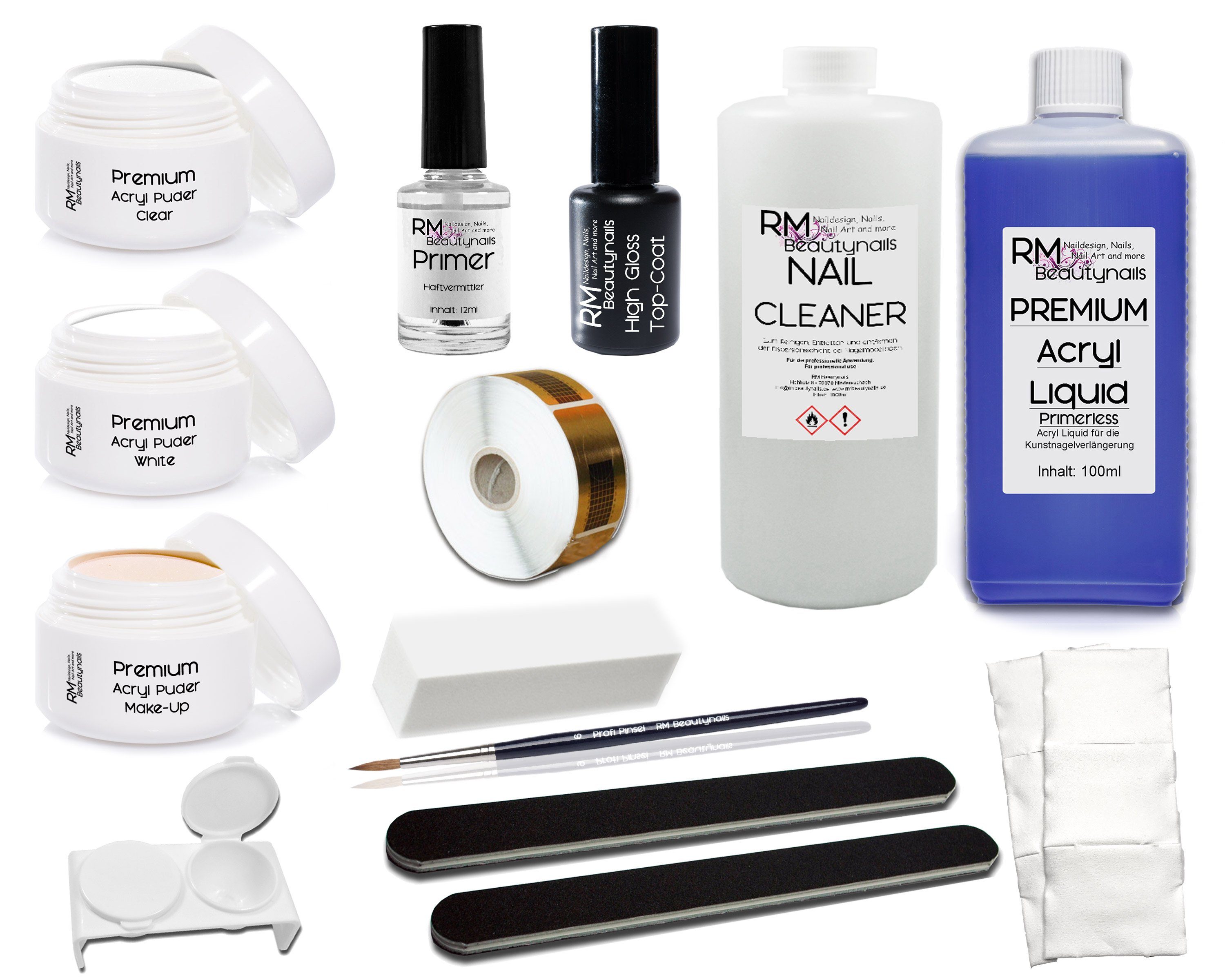 RM Beautynails Kunstfingernägel XL Acryl Nagel Set 4 3x 20g Acrylpuder Klar Weiß Make-Up 100ml Liquid 100ml Cleaner Pinsel Starterset, Starter Set 1-tlg., Bei einer Acrylmodellage benötigen Sie keine UV-Lampe, Acry Modellage Set in Studio Qualität