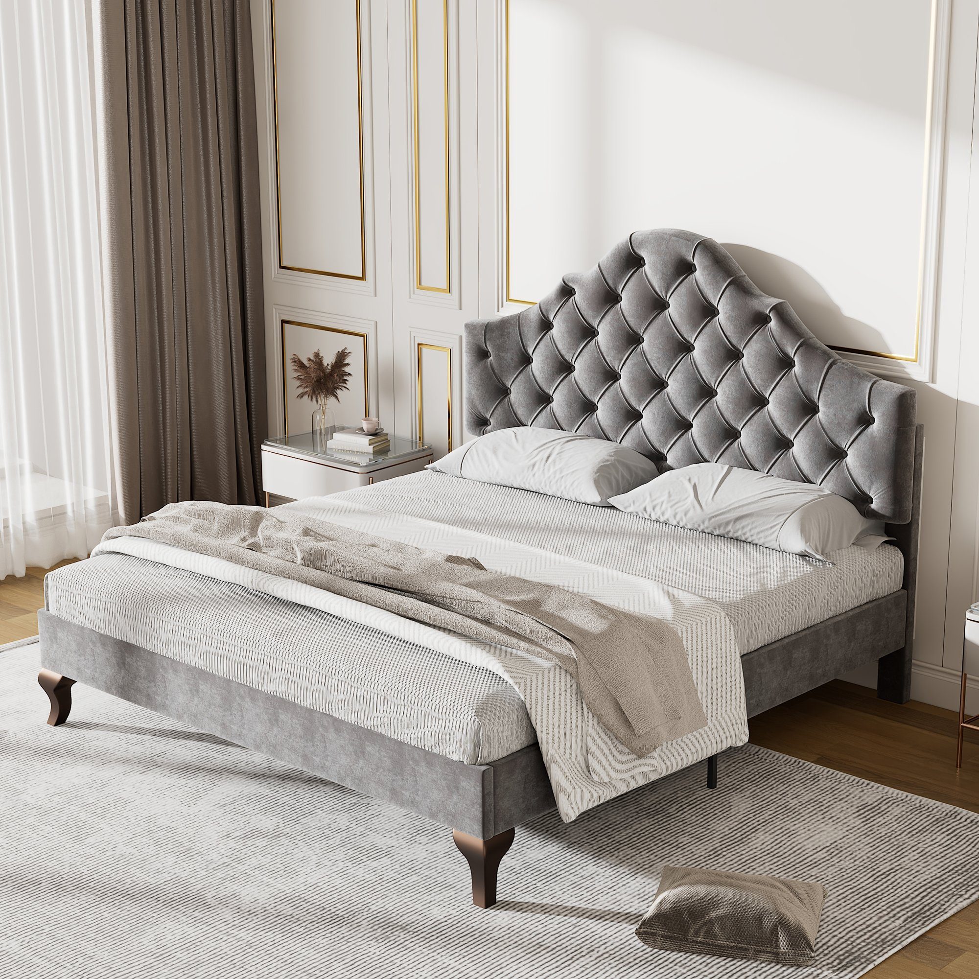 Flieks Polsterbett, Samt Doppelbett mit höhenverstellbarem Kopfteil 140x200cm