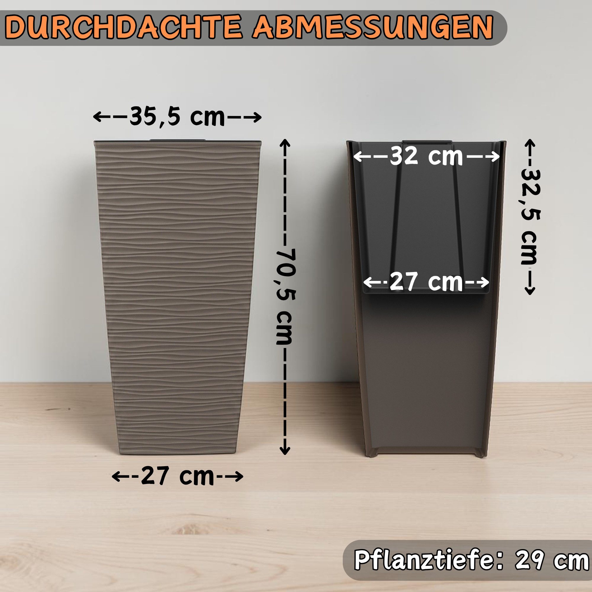 Engelland Pflanzkübel Blumentopf mit herausnehmbarem Einsatz (1 St., robuster PP-Kunststoff), Pflanztopf mit Wellenoptik, hoch, quadratisch, modern, UV-resistent