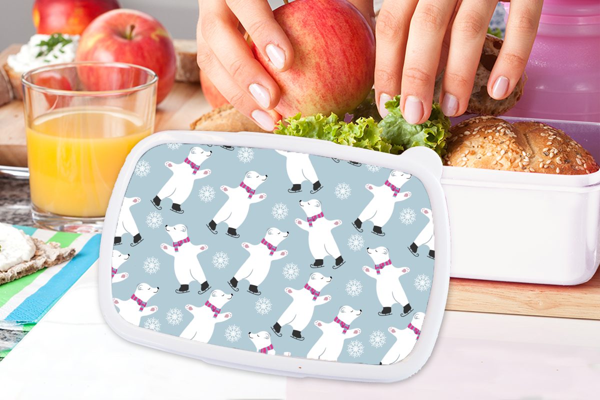 MuchoWow Lunchbox Muster, und Schlittschuhe und Mädchen für Jungs Brotbox - weiß Brotdose, für Kinder Erwachsene, Kunststoff, Eisbär - (2-tlg)