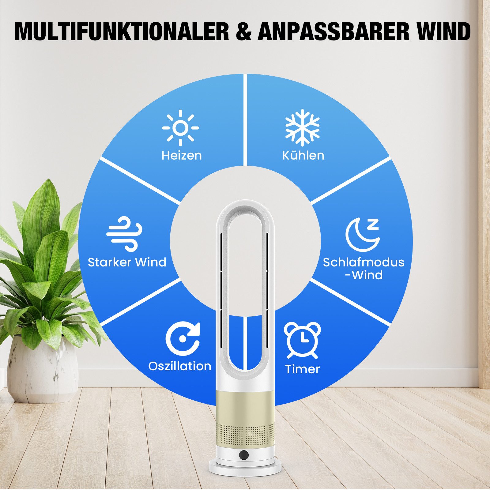 Rebonique Turmventilator Rotorlos Ventilator mit Kühlung/Heizen/Luftkühler sehr Leise, 8 Stufen, LED-Anzeige, Fernbedienung, 80° Oszillation, 9H Timer