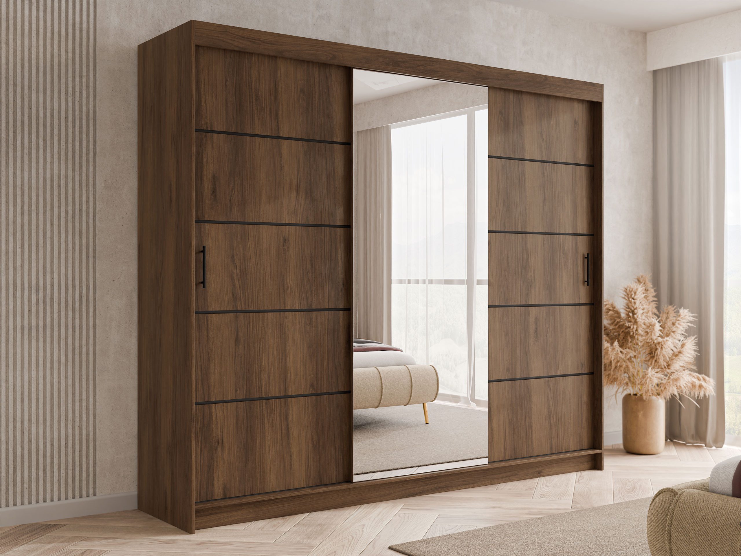 MIRJAN24 Kleiderschrank Infinity III 250 (mit drei Schwebetüren) mit Kleiderstange, Frontspiegel, 250x58x200 cm