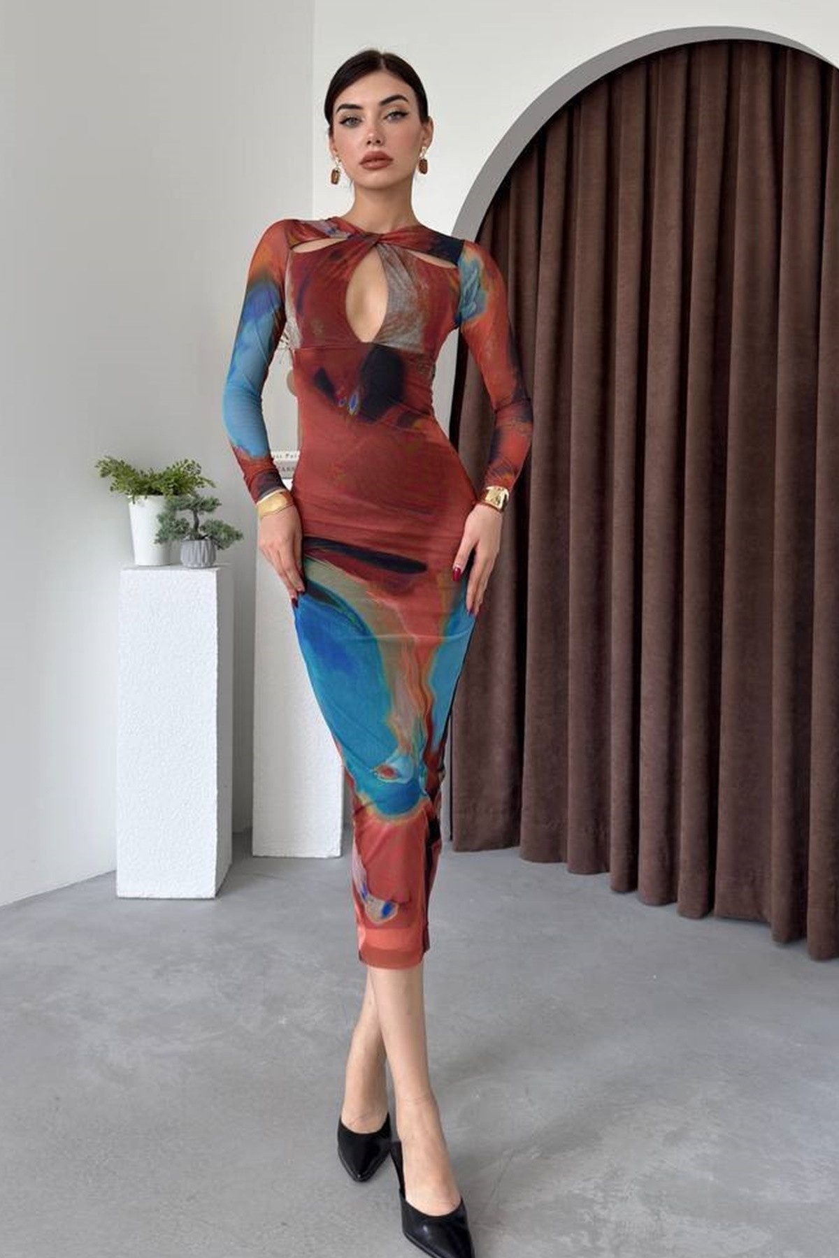 WOMAN VISION Abendkleid Midi-Abendkleid mit Batikmuster