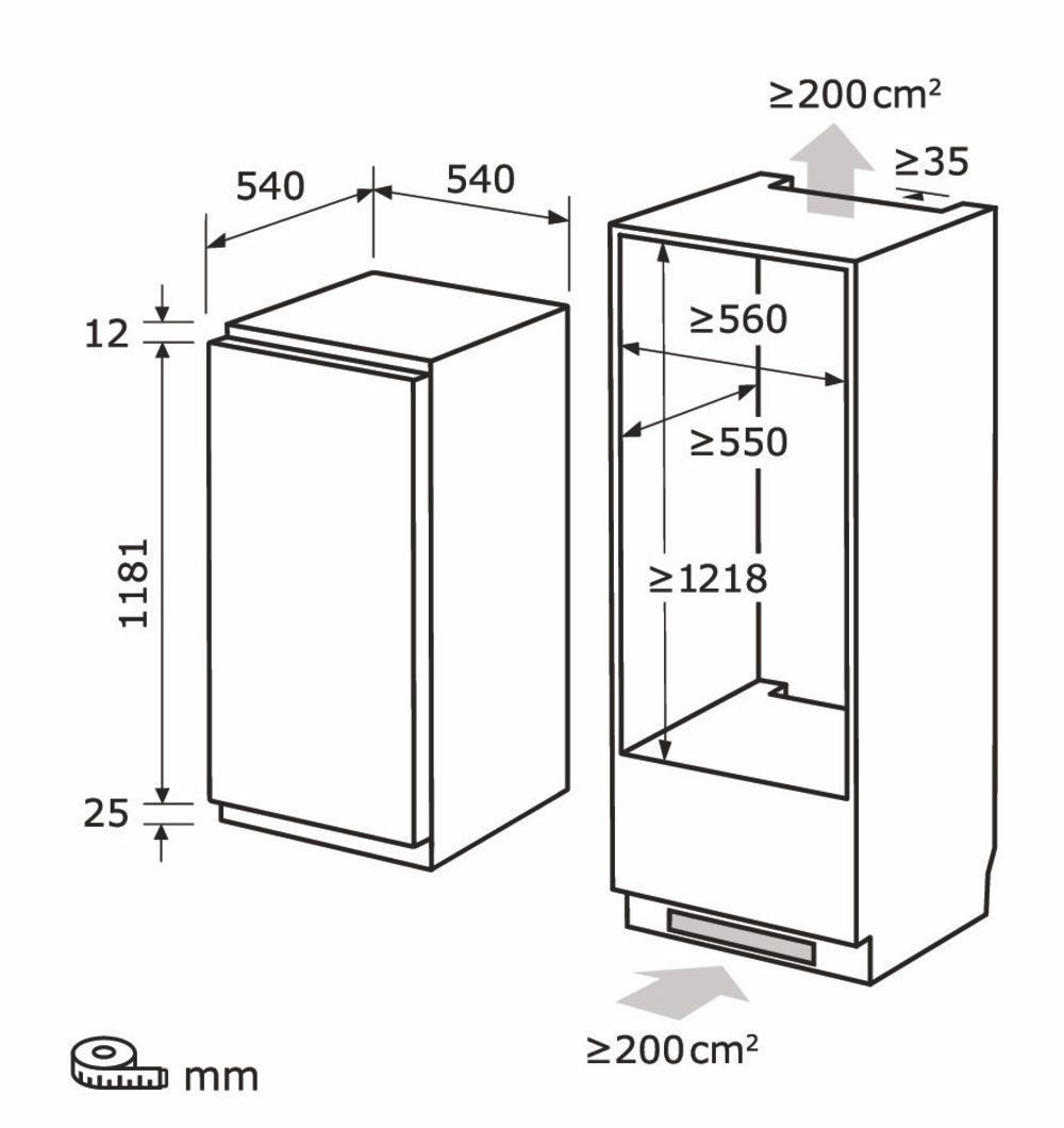 L VREVKS12211-040F, hoch, Schlepptür vonReiter Vollraum Kühlgut, 199 für Innenbeleuchtung, 122.7 cm Einbaukühlschrank