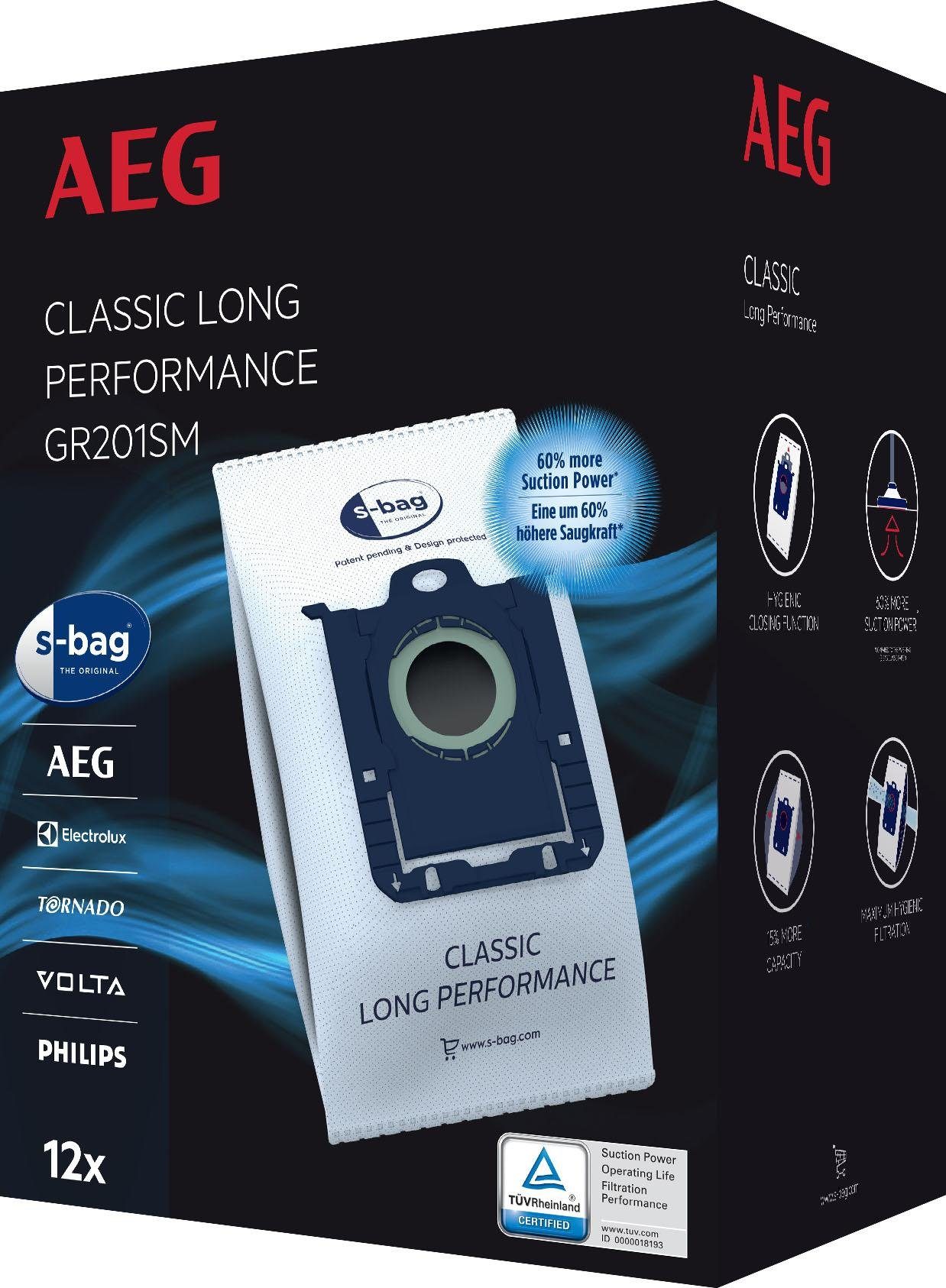 AEG Staubsaugerbeutel GR201SM (12 Staubbeutel), passend für AEG, 3l Füllmenge, 3D Seitenfaltung