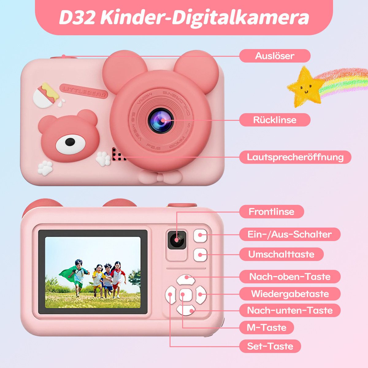 MOPUEA Kinderkamera mit Dualobjektiv, 32GB, 1080P, 2" Display Kinderkamera (inkl. Kinderkamera mit Dualobjektiv, 32GB Speicher und Zubehör, Dualobjektiv, 1080P Video, 26MP Fotos, Silikonhülle, 32GB)