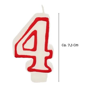 PAPSTAR Geburtstagskerze Zahlenkerze 7,3 cm weiß "4" mit rotem Rand (Stück, 1-tlg., Zahlenkerze), Geburtstagskerze Geburtstagstorte Tortendekoration Kuchendekoration