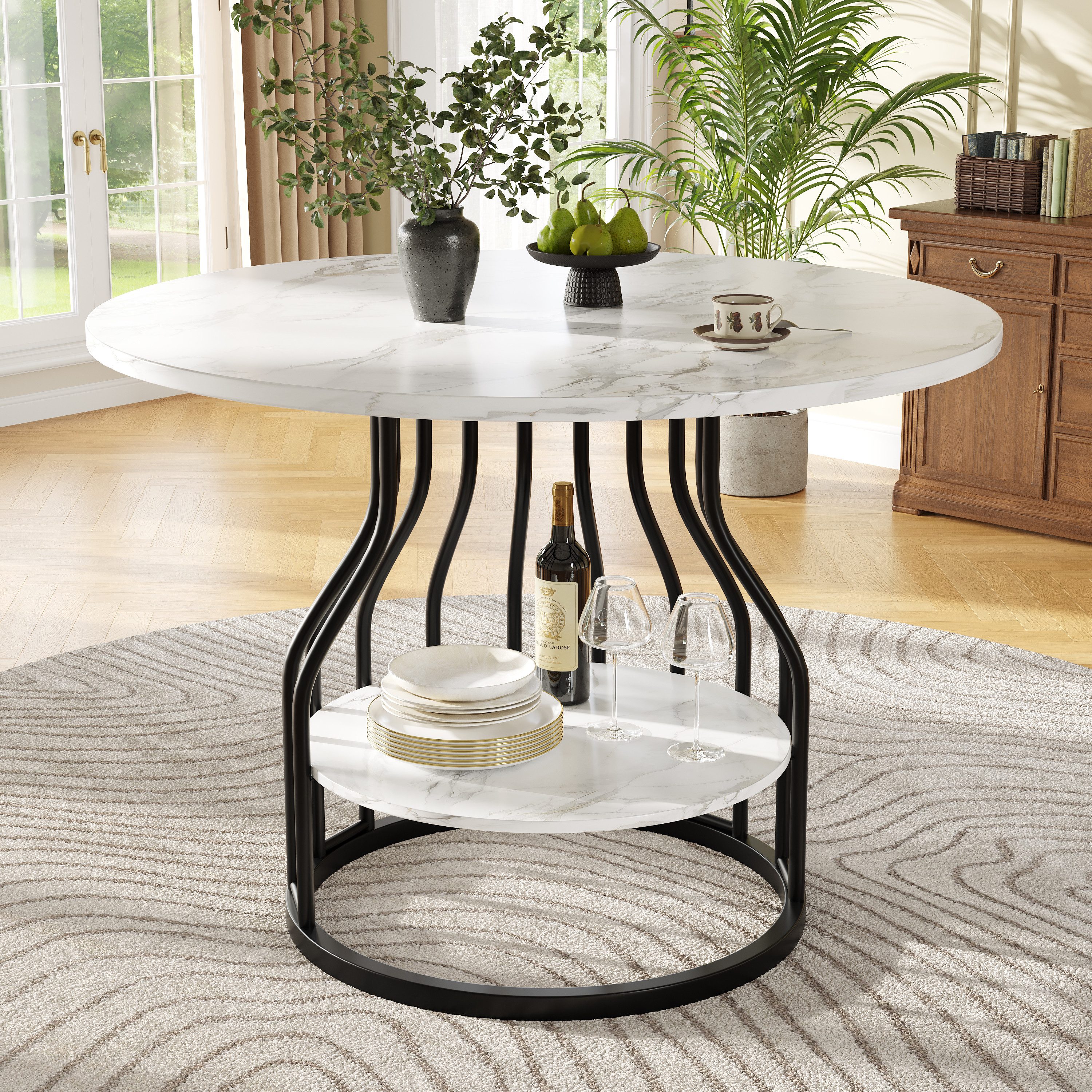 Odikalo Esstisch Couchtisch Küchentisch Marmor-Esstisch Metallbeine Weiß+Schwarz