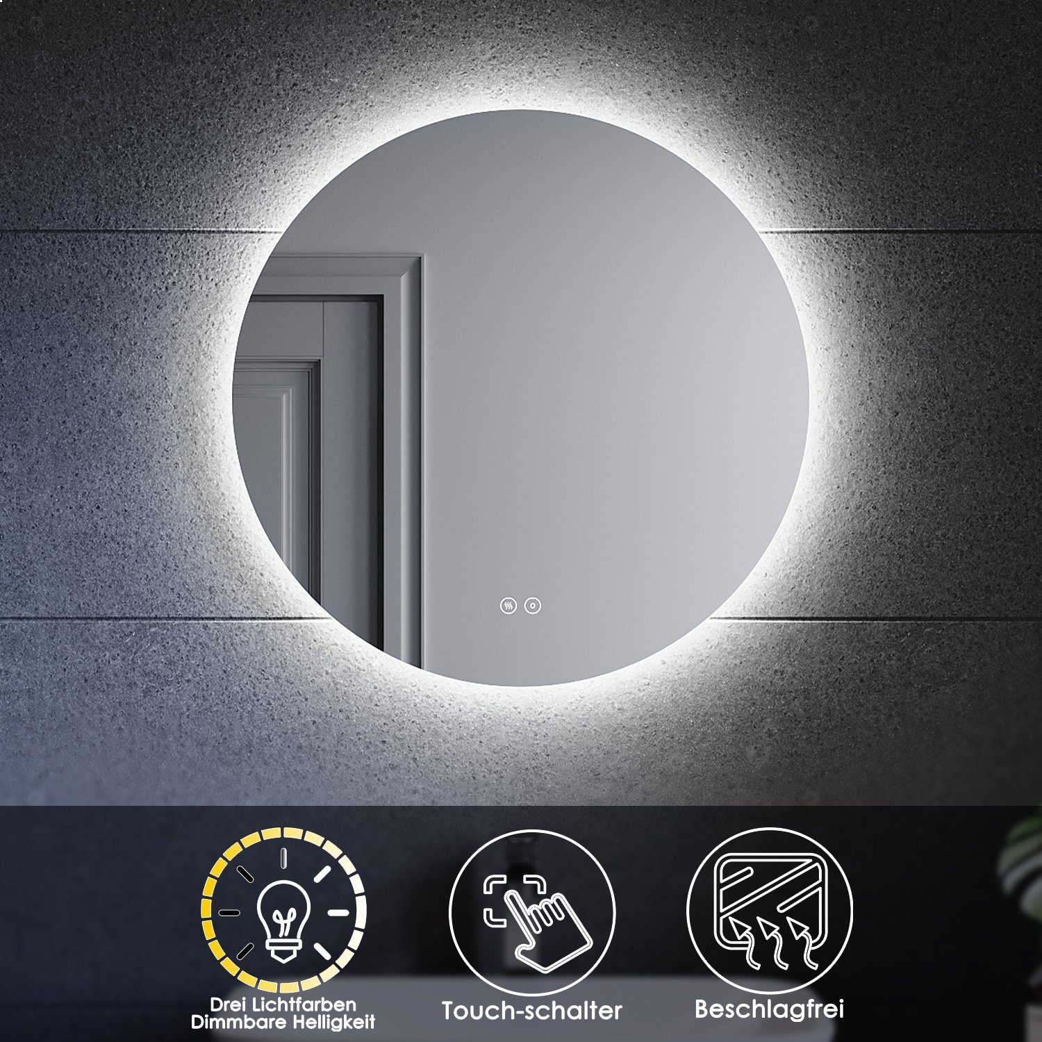 SONNI Badspiegel Rund 80 Beschlagfrei-Funktion, Beleuchtung, Energiesparend Ø cm / Ø mit Badezimmerspiegel LED, 60 Touchschalter, cm