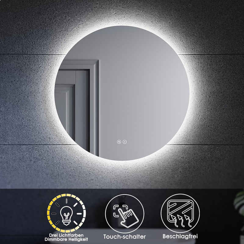 SONNI Badspiegel Rund Badezimmerspiegel mit Beleuchtung, Ø 80 cm / Ø 60 cm, Beschlagfrei-Funktion, LED, Touchschalter, Energiesparend