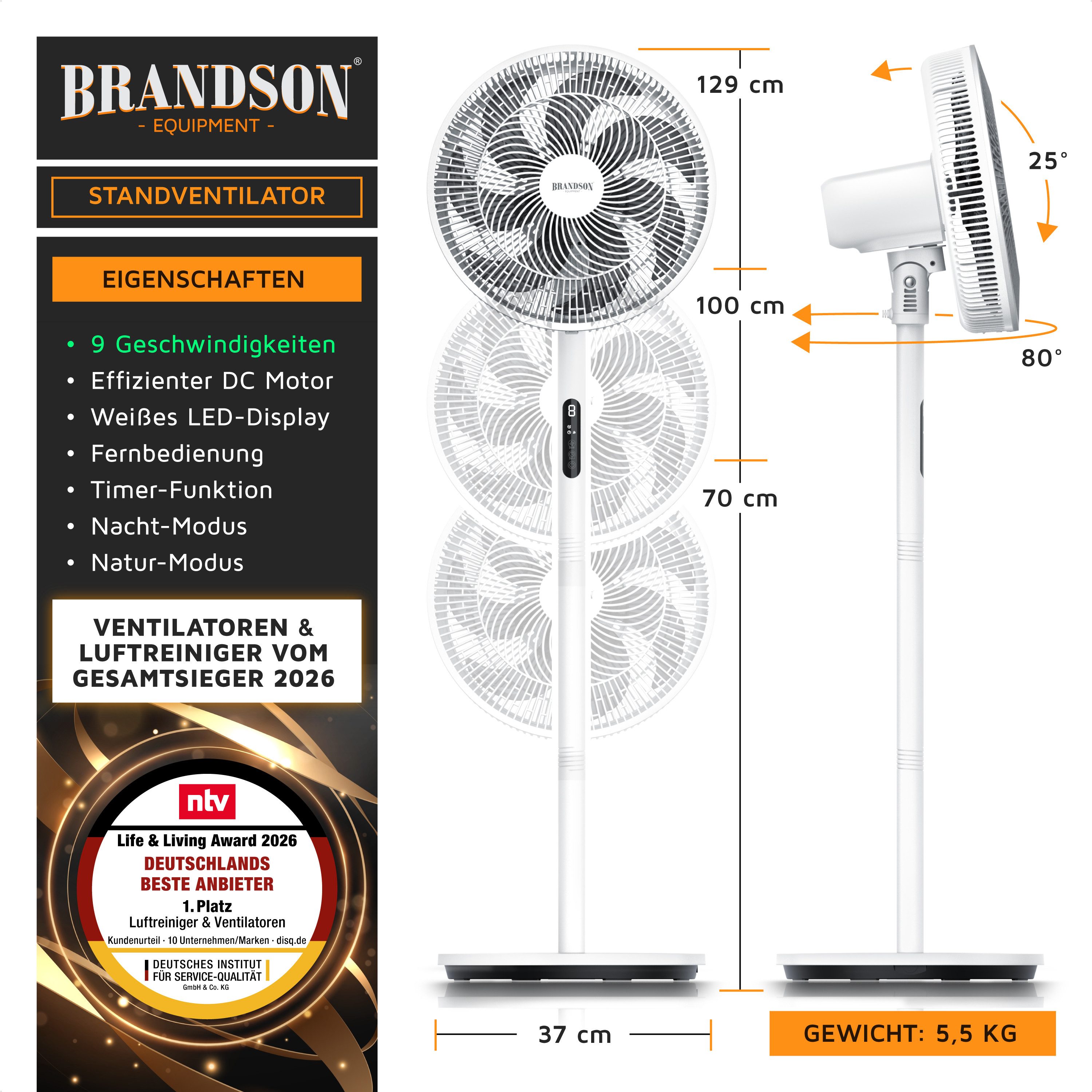 Brandson Standventilator DC, leise, energiesparend, NTV Sieger 2026, Fernbedienung, 30 Watt, 39.8 cm Durchmesser, Oszillation, Timer, 9 Geschwindigkeitsstufen, Lüfter, höhenverstellbar
