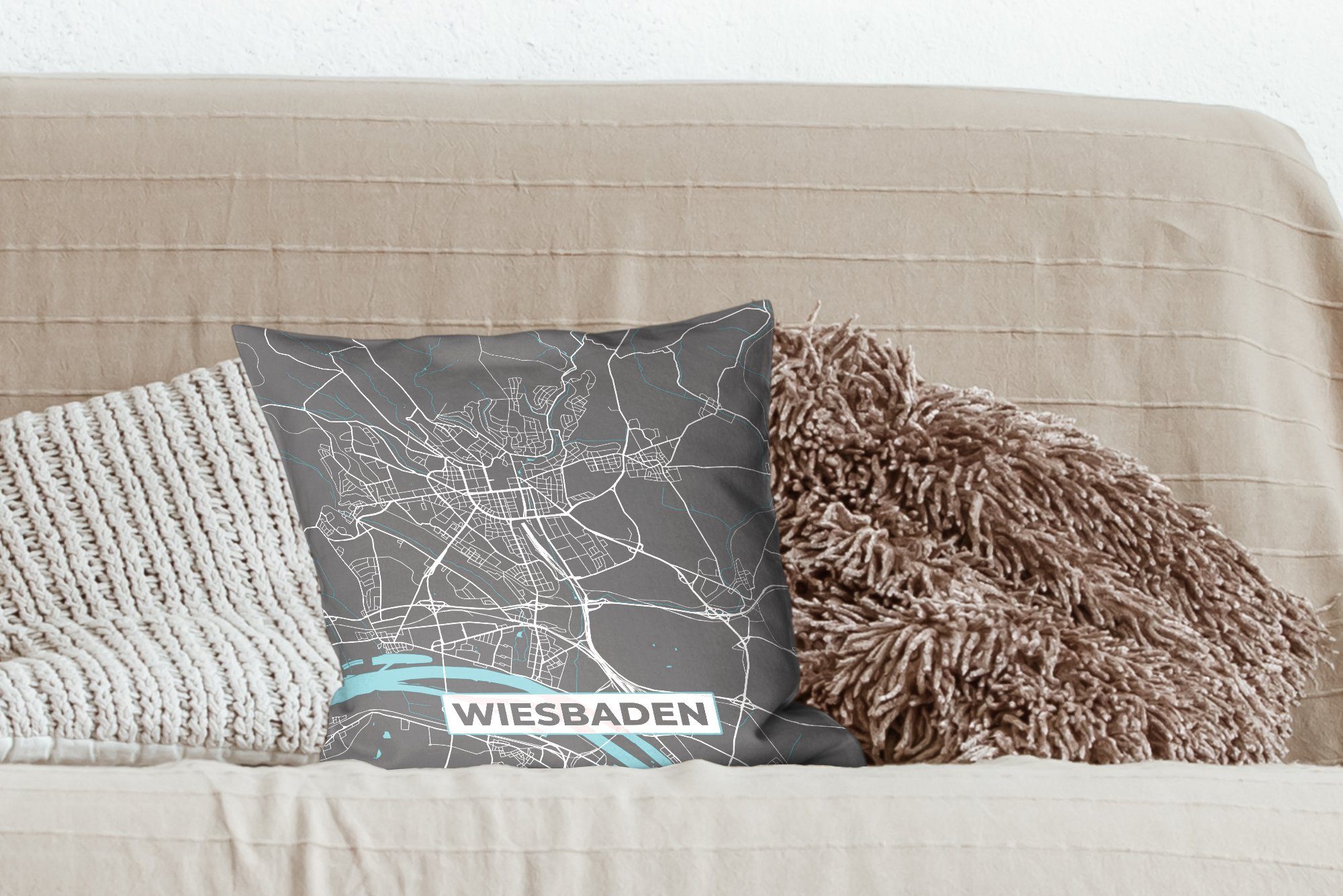 MuchoWow Dekokissen Stadtplan - für Karte, Sofakissen Deko, Blau - Deutschland Wohzimmer, Schlafzimmer, Füllung mit - - Wiesbaden Zierkissen
