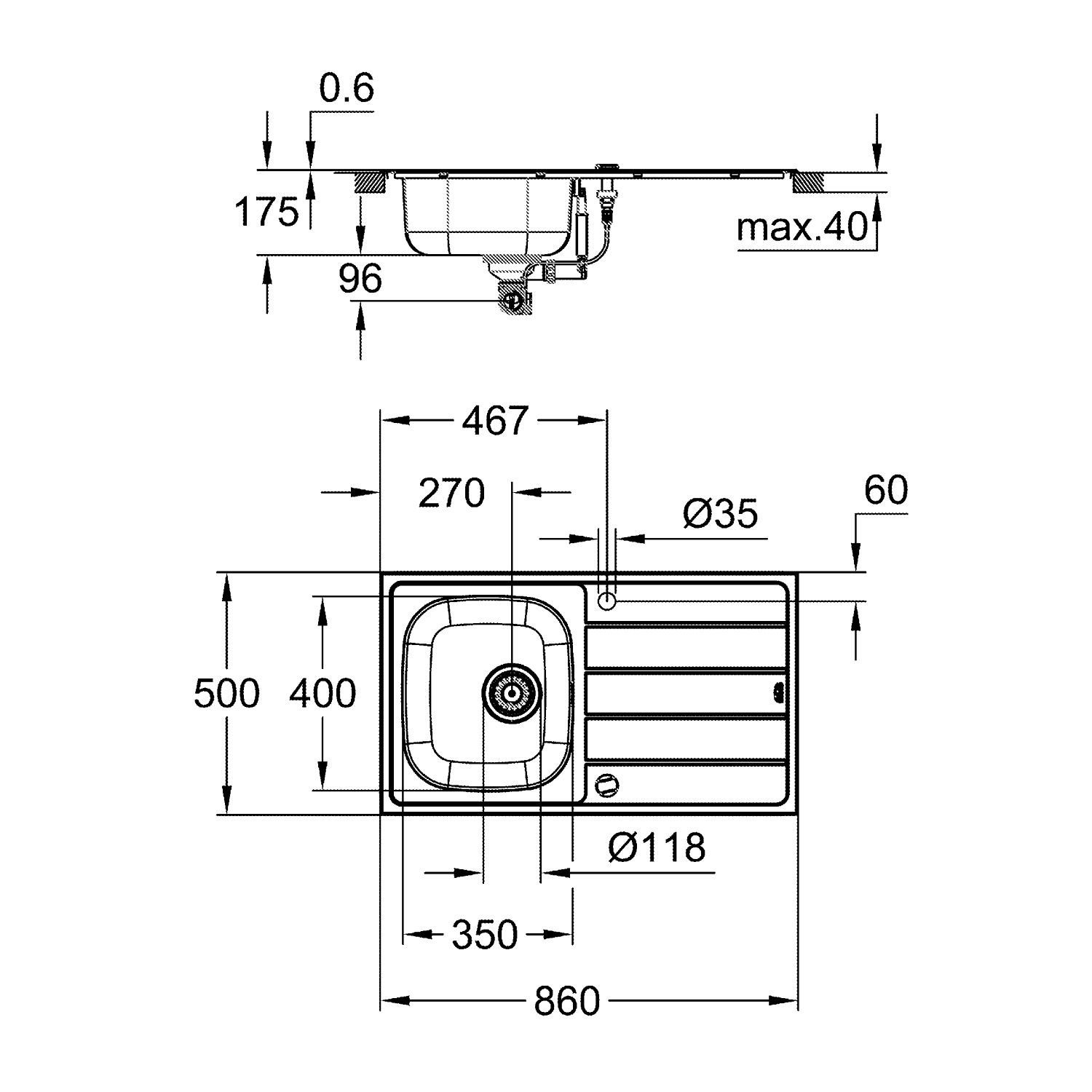 Grohe Edelstahlspüle K200, Komplett-Set, rechteckig, 86/50 cm, mit Abtropffläche, Edelstahl