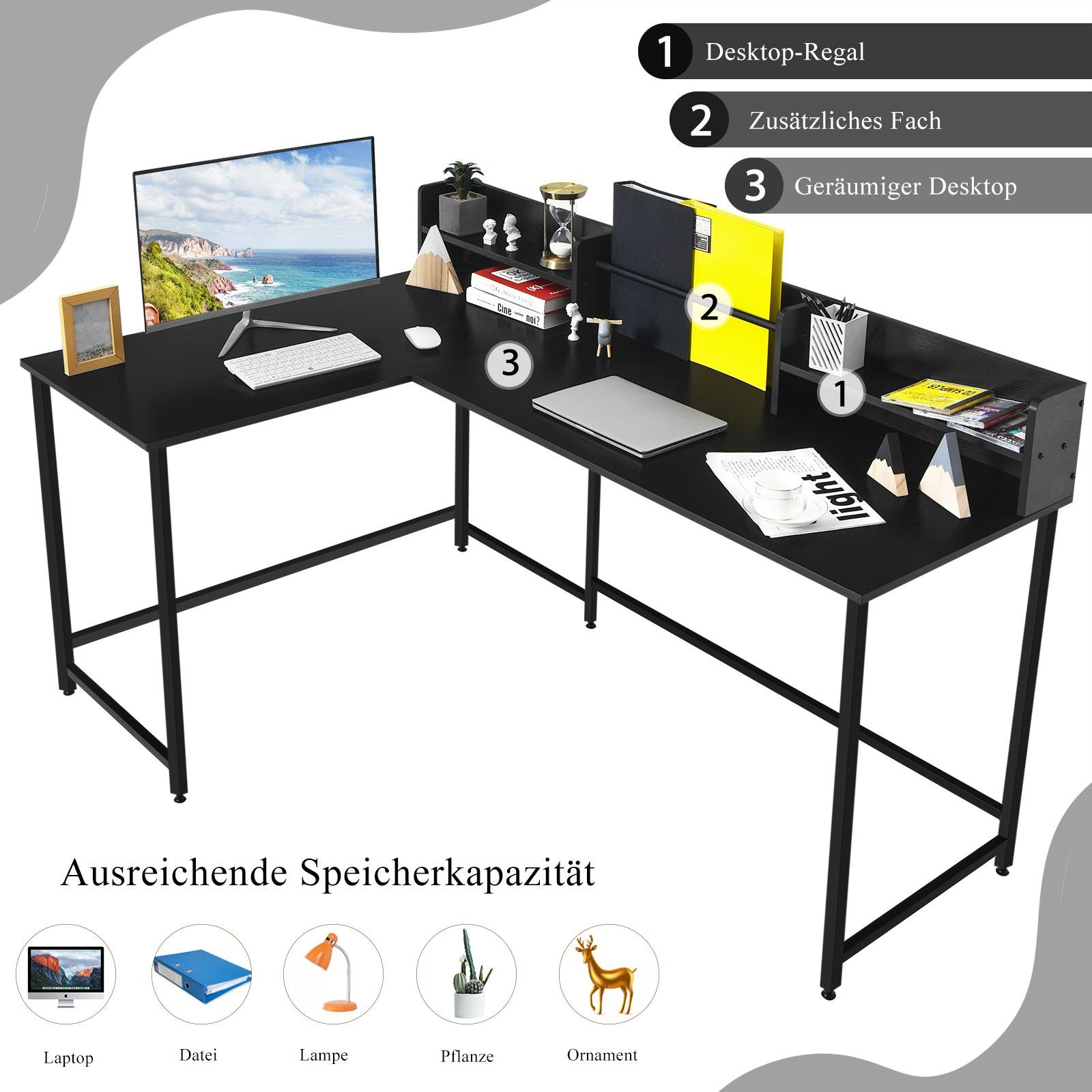 Schwarz Eckschreibtisch Regal, Stauraum L-Form, mit 166x110x96cm und COSTWAY