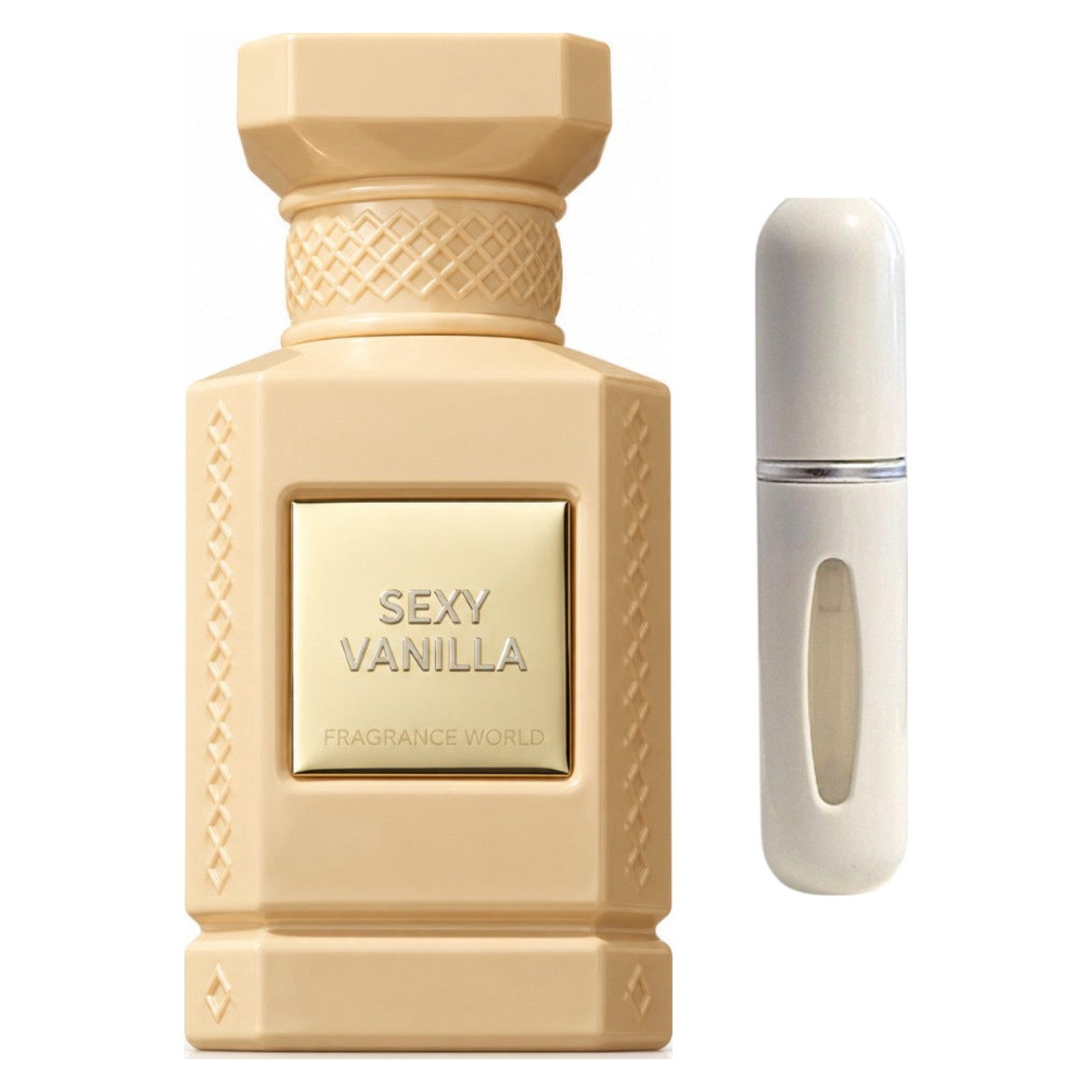 Fragrance World Duft-Set World Sexy Vanilla EDP – Süß Orientalisch + Parfümzerstäuber (leer)