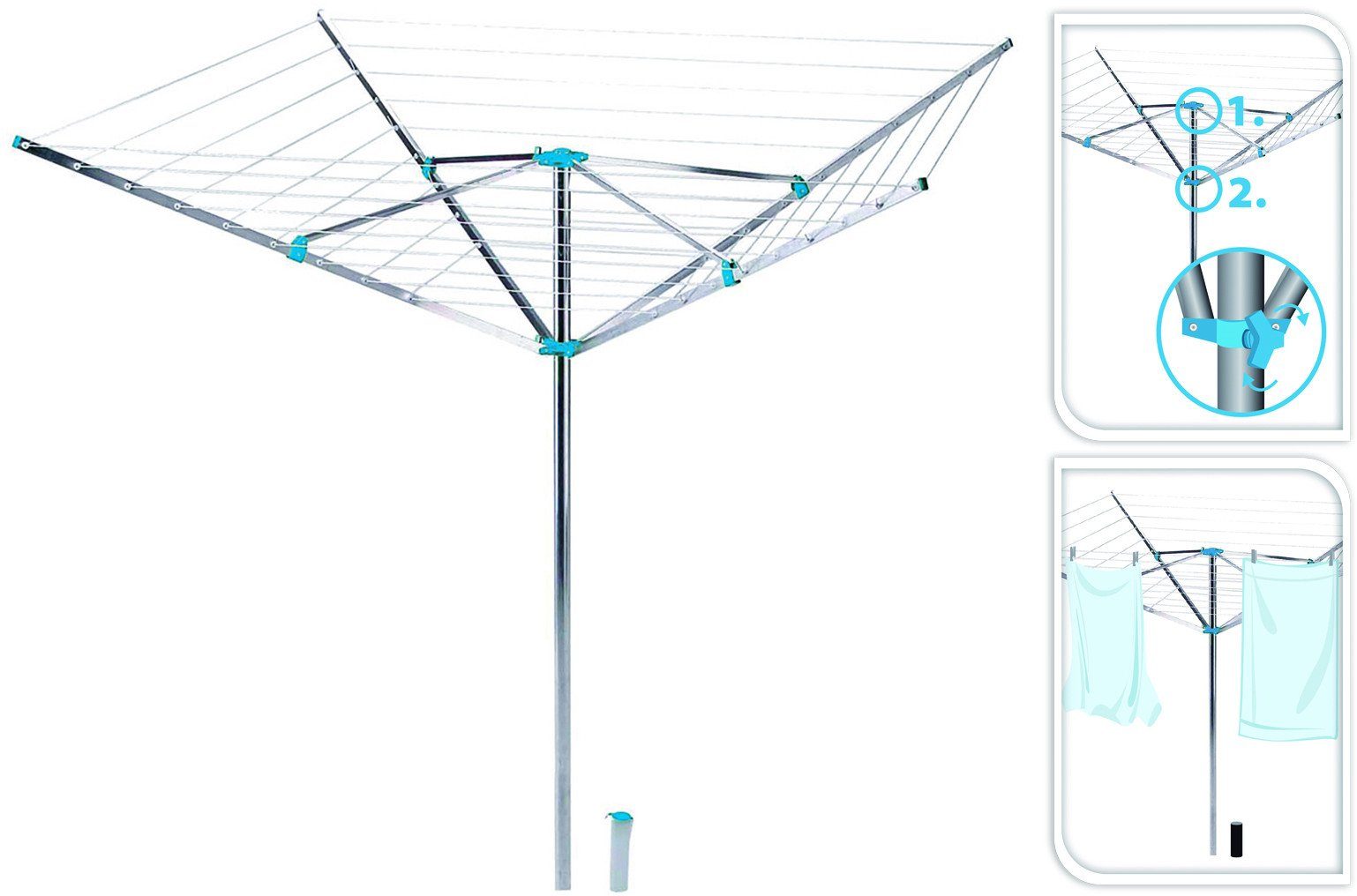 Koopman Wäschespinne Wäschetrockner Wäscheleine 45 Meter Aluminium 180 cm, 45m Leine, Ø Rohr 36-40 mm, zusammenklappbar
