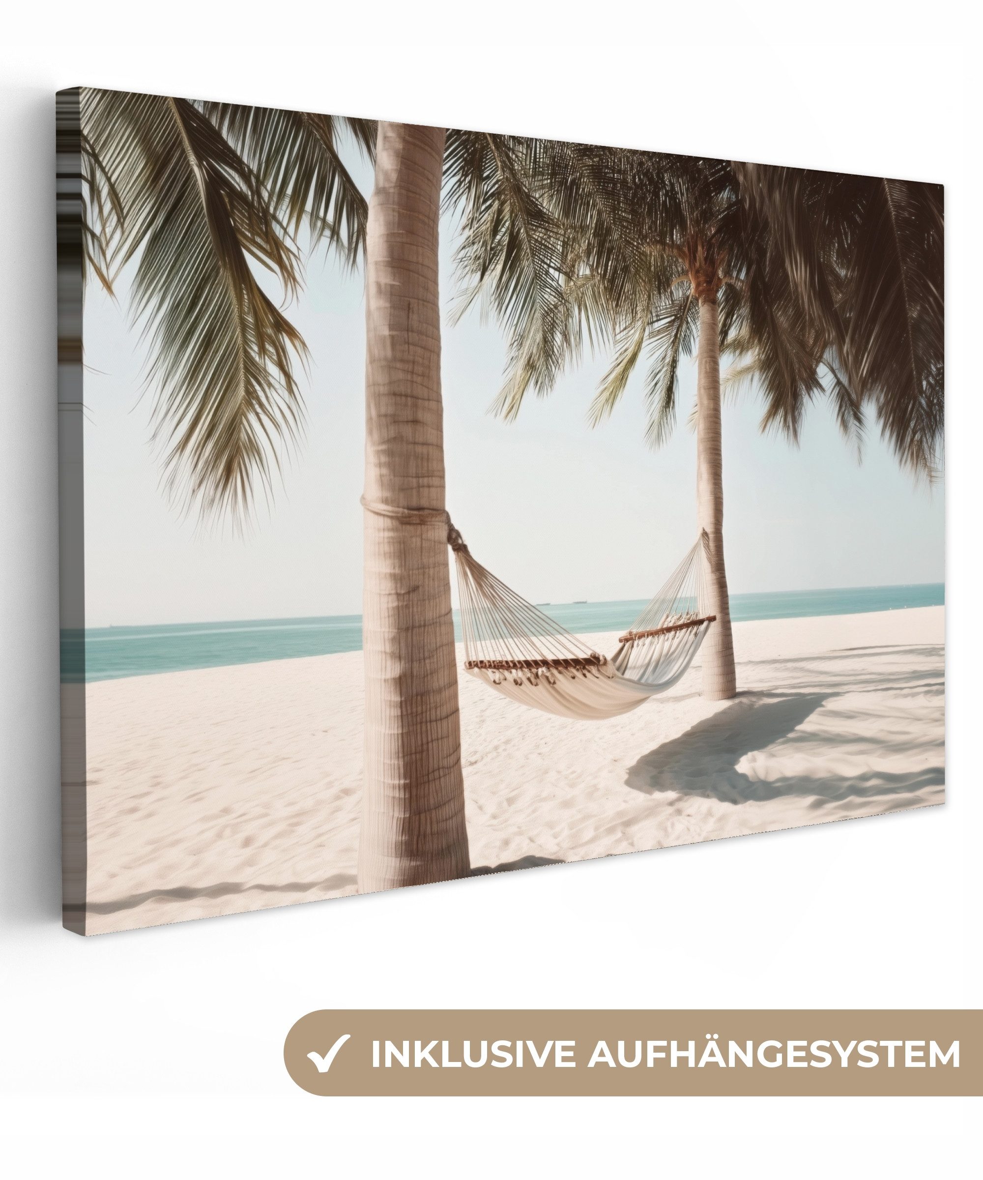 OneMillionCanvasses® Leinwandbild Hängematte - Palmen - Strand - Meer, Fotodruck (1 St), Leinwand Bilder Klein, Wand Dekoration Aesthetic 30x20 cm