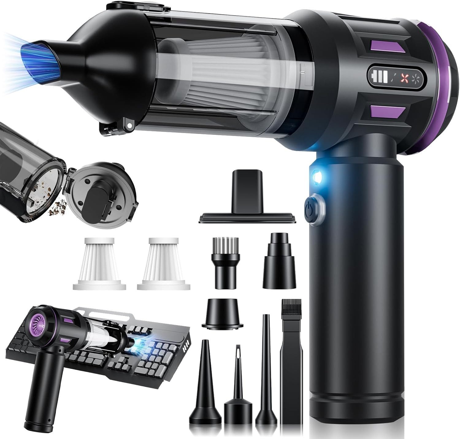 Vivitar Akku-Handstaubsauger 4-in-1, mit 3 Saugstufen, bürstenloser Motor, USB-C Ladung 6000mah, AKKU, mit Blasfunktion, kompakter Tischstaubsauger für Auto, Zuhause, Sofa, Tastatu, faltbar, leicht, mit verschiedenen Düsen, Bürsten. 3 waschbaren Filter