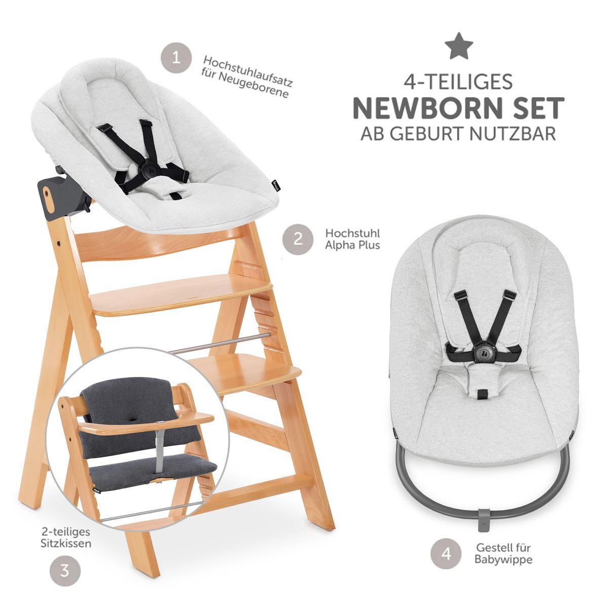 Hauck Hochstuhl Alpha Plus Newborn Set - Natur, Holz Babyhochstuhl ab Geburt inkl. Neugeborenen Aufsatz & Sitzpolster