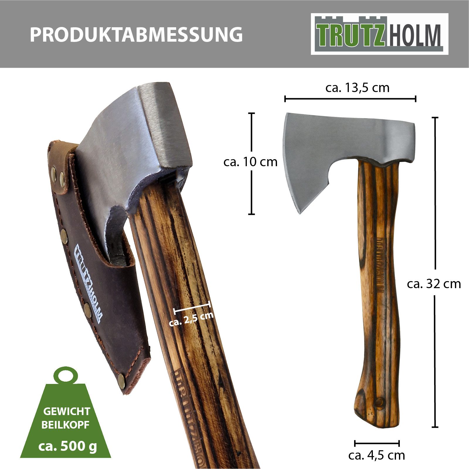 TRUTZHOLM Beil Vintage Stahl Hickoryholz geflammt 500 g Kopf 320 mm lang Spaltbeil, ergonomischer Griff