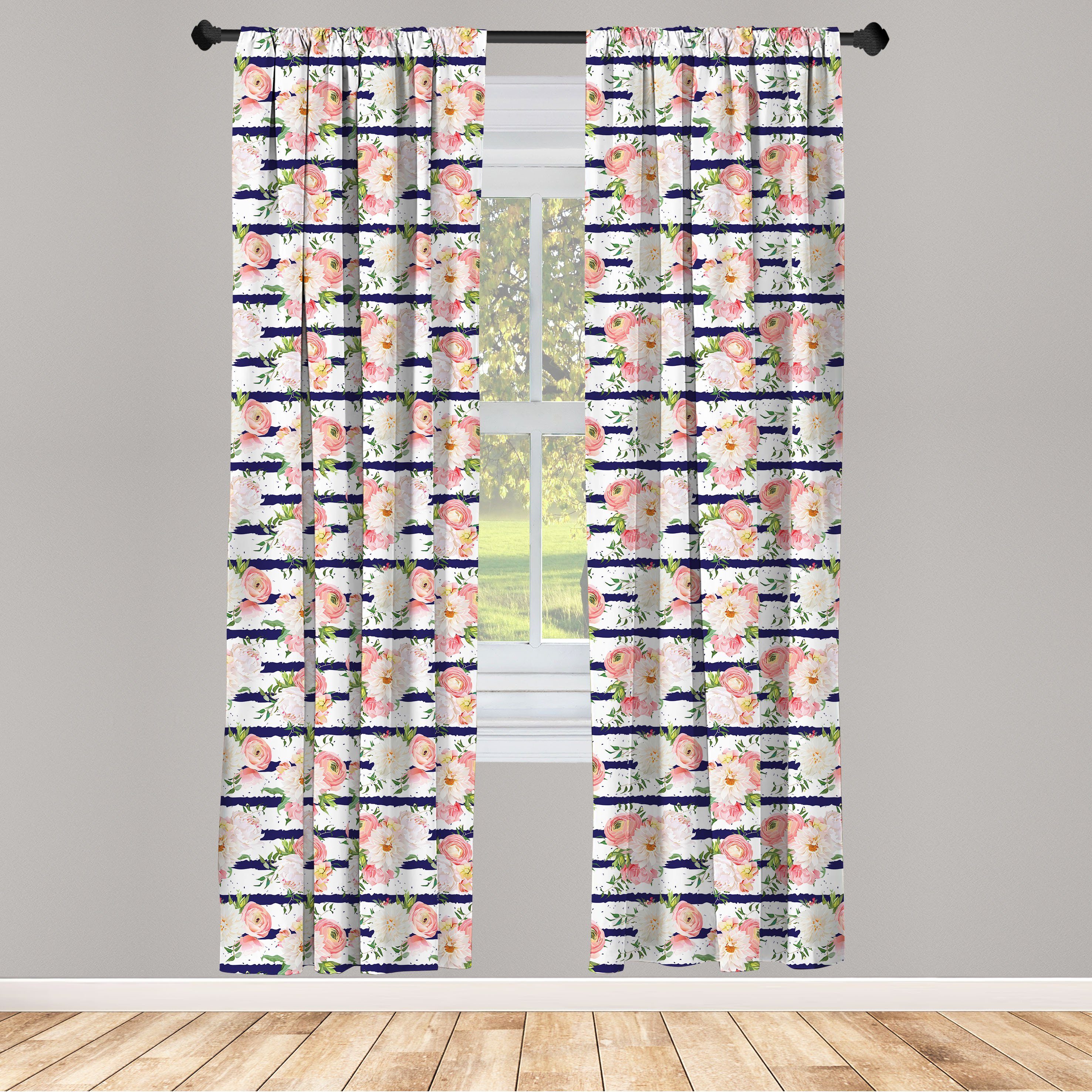 Gardine Vorhang Schlafzimmer Blumen Wohnzimmer Streifen Abakuhaus, Microfaser, für Englisch Dekor, Garten Navy