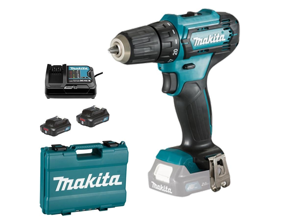 Makita Akku-Bohrschrauber DF333DSAE, 12 V, max. 1700 U/min, (Set, 10-tlg., inkl. 2x 2 Ah Akkus Li-Ion + Schnellladegerät DC10SB + Transportkoffer)