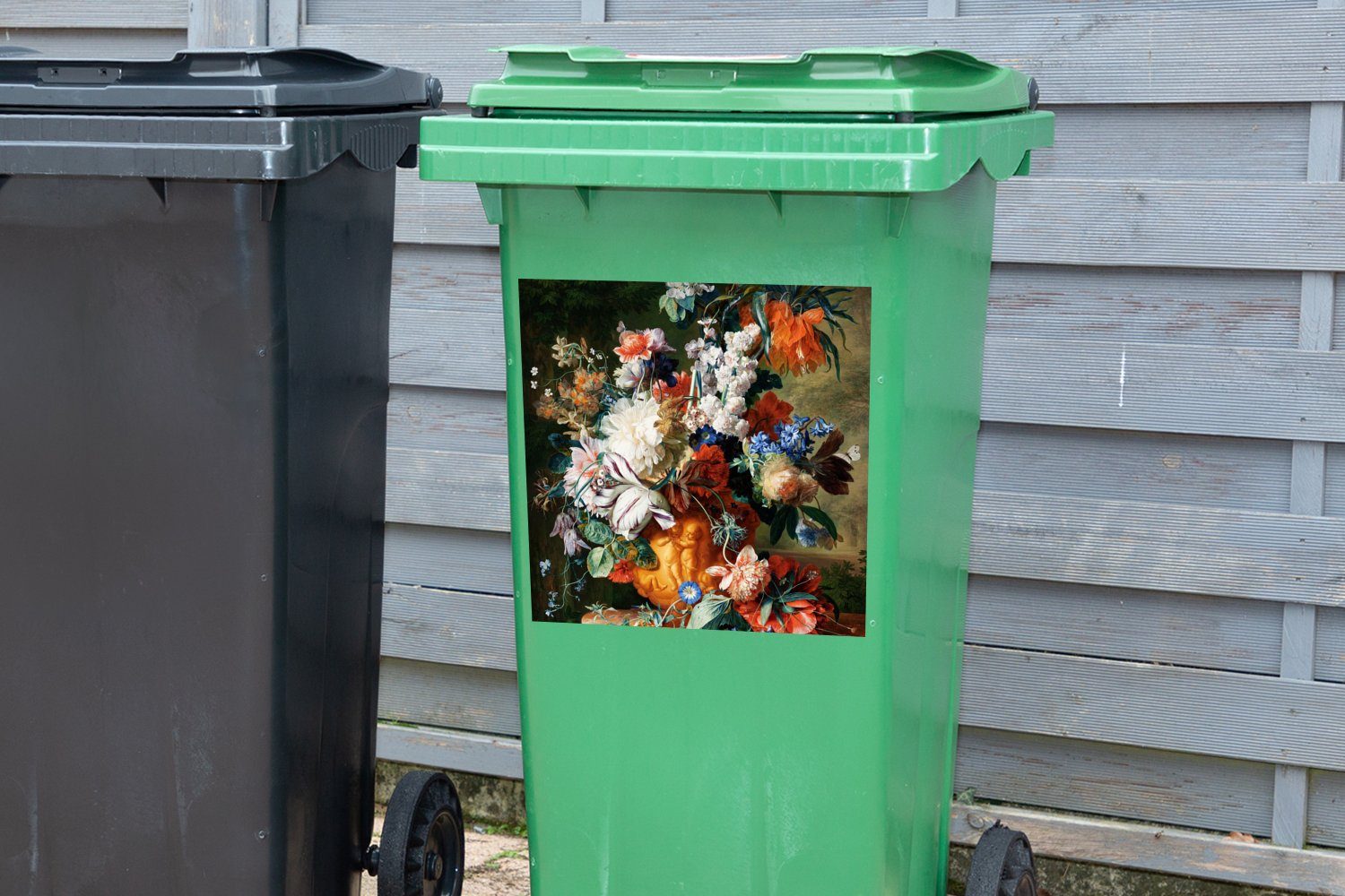 MuchoWow Wandsticker Kunst - Alte Abfalbehälter - Meister Urne in Mülltonne, (1 St), einer Blumenstrauß Sticker, Container, Mülleimer-aufkleber